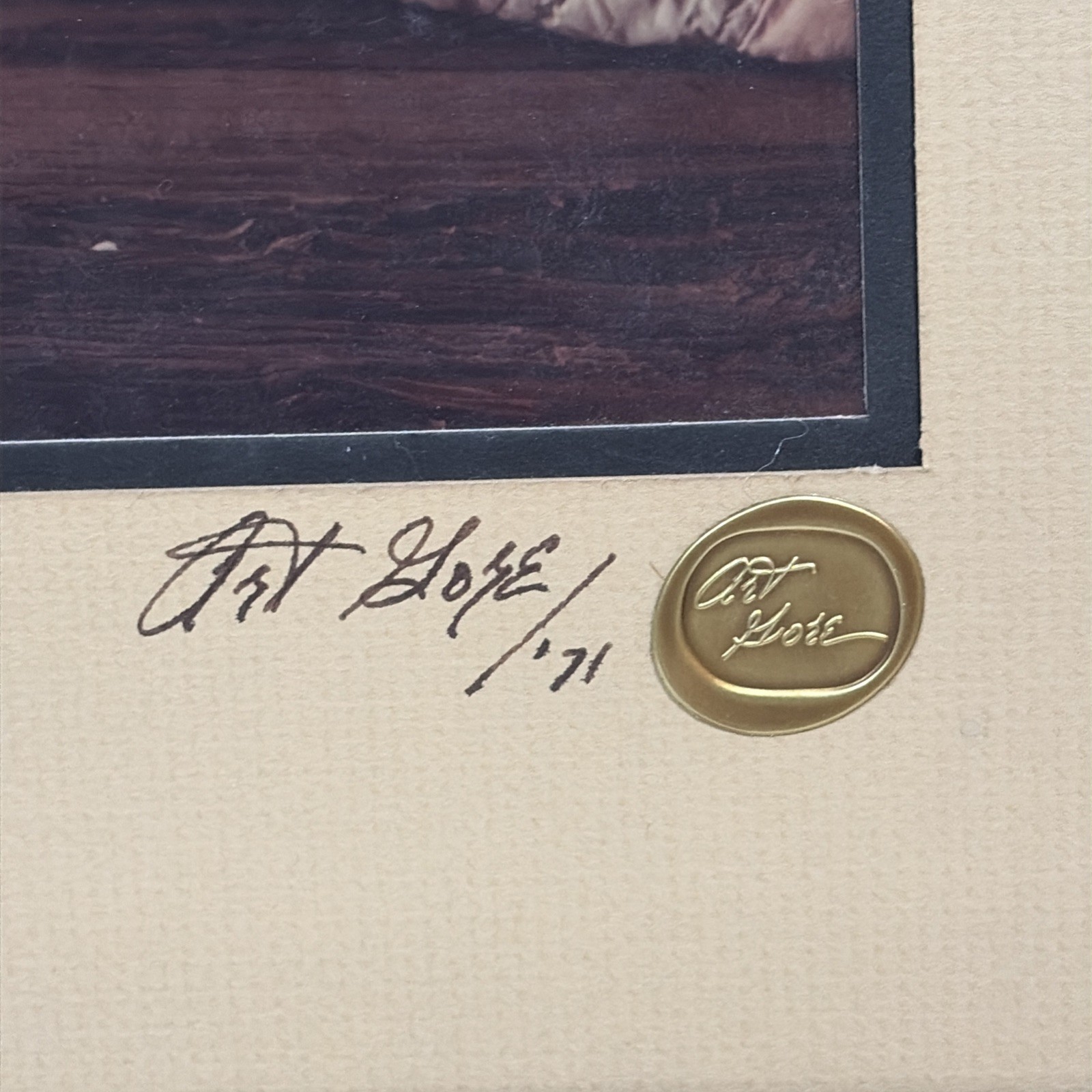 Set of (2) Signed 1971 Art Gore Prints w/ Wax Seals in Wooden Frames