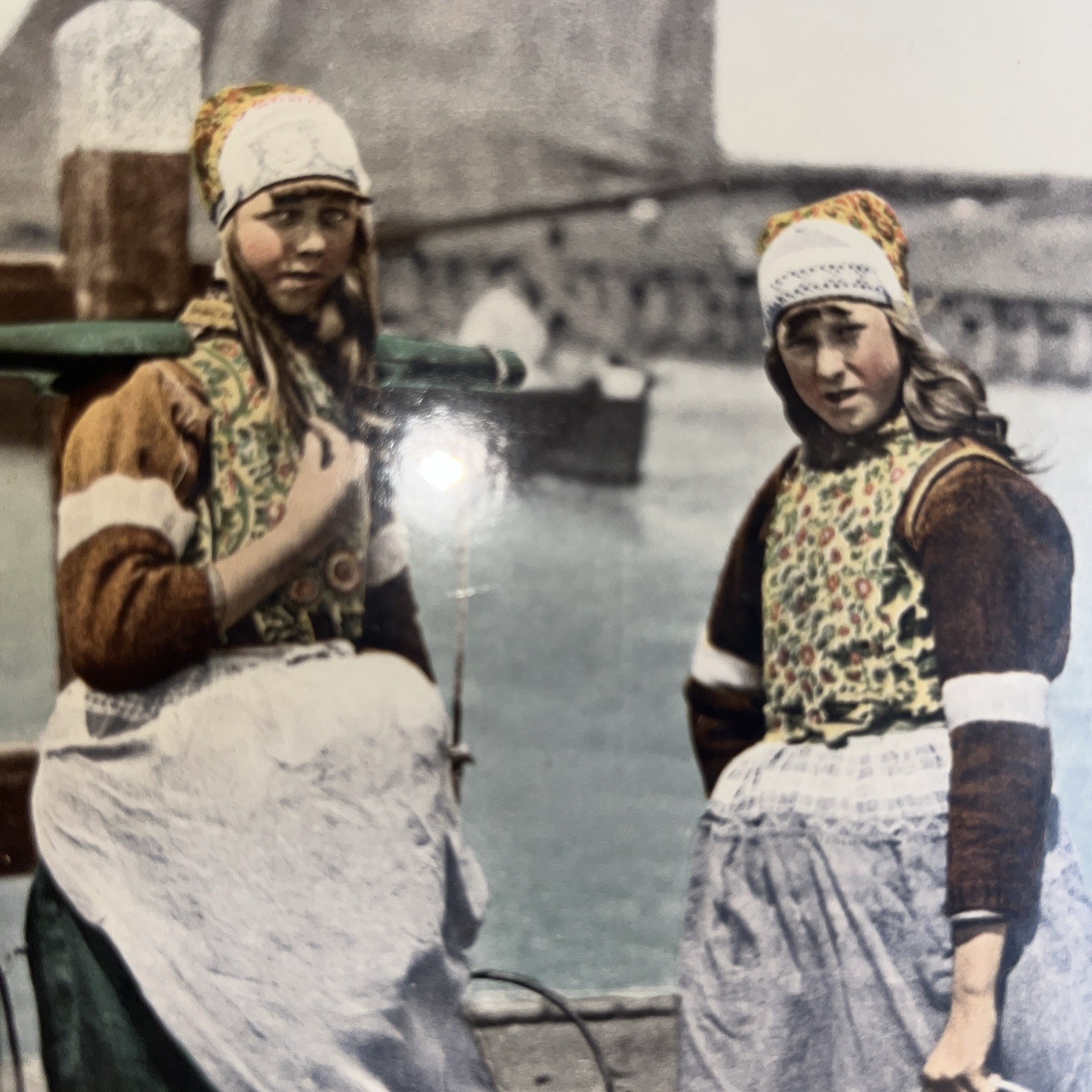Antique Photochrom Girls Of Marken Island Holland Netherlands Heavy Wood Frame