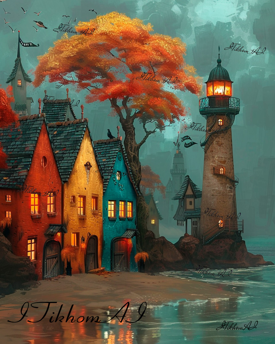 Digital Art Illustrathion Houses Trees Lighthouse Sea Birds Wallpaper Desktop