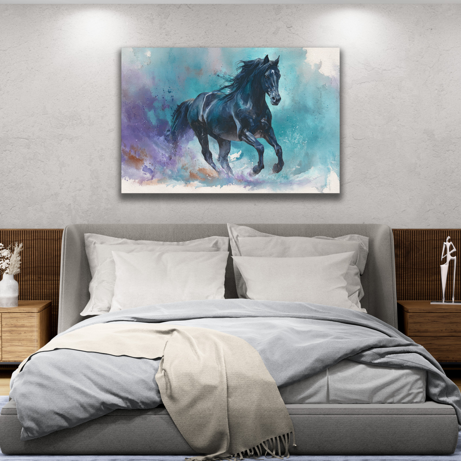 Black Horse Wall Art, Running Stallion Watercolor Painting, Colorful Equestrian