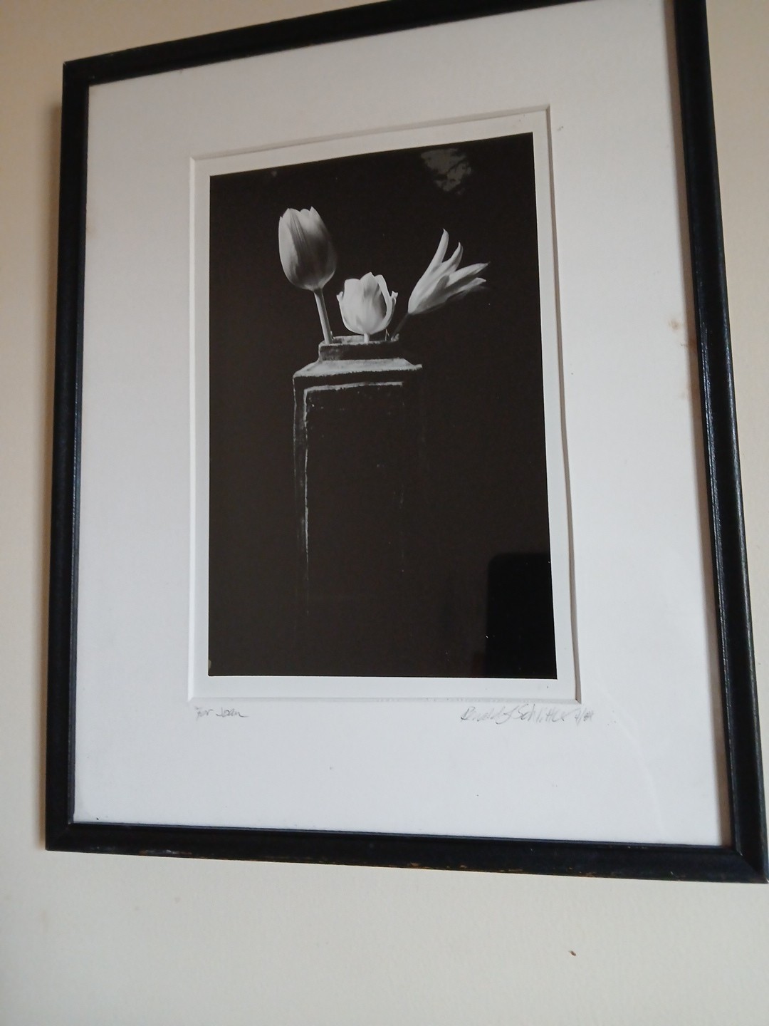 Framed Signed Dated PHOTOGRAPH Black & White Flowers/Vase 1989-14.75″H X 12″L