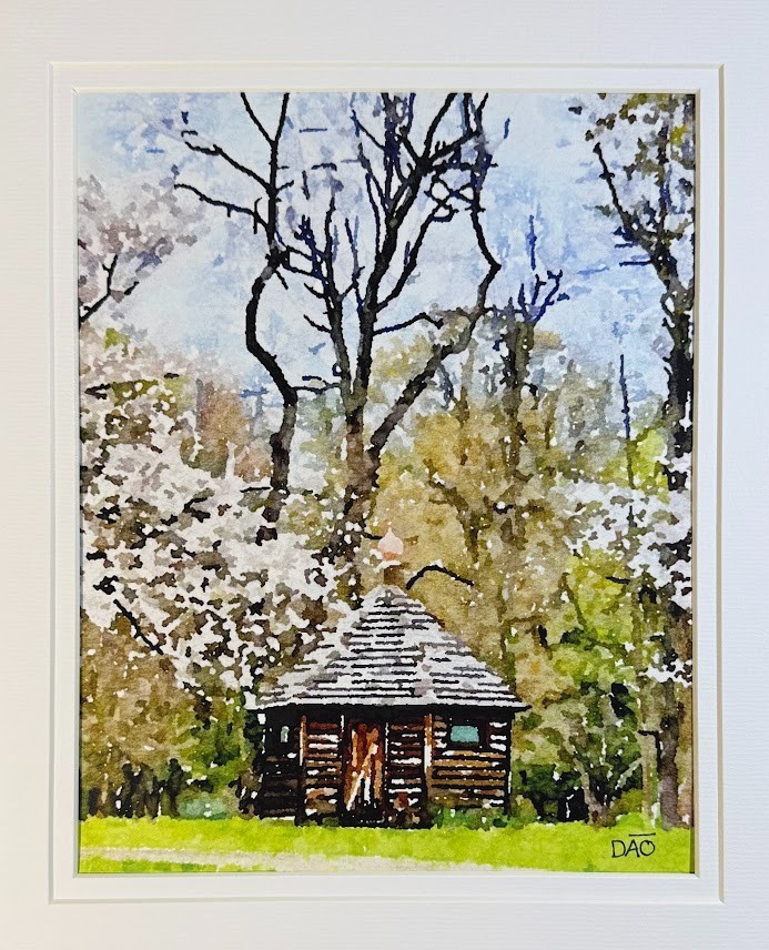 Log Hut Digital Watercolor Original Art Photograph 8 X 10 Mat 11 X 14 Signed