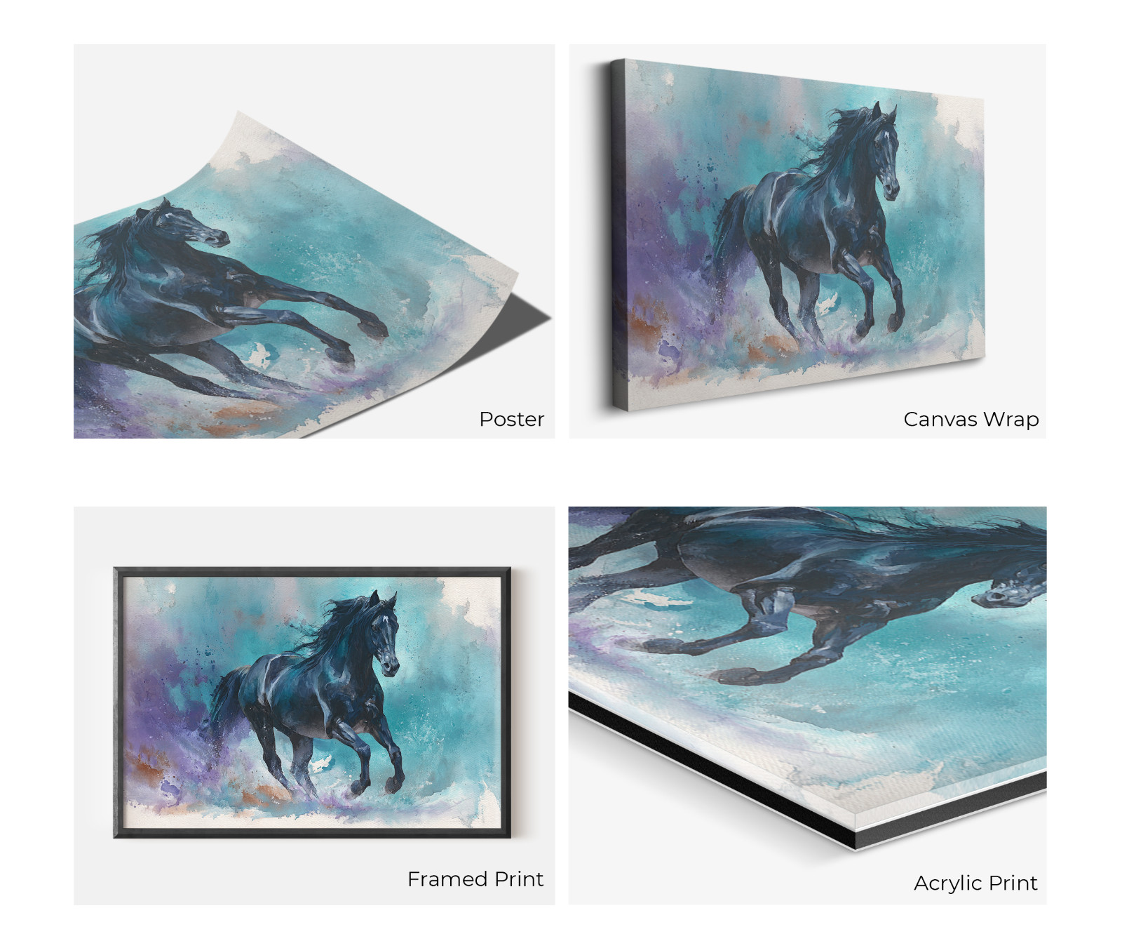Black Horse Wall Art, Running Stallion Watercolor Painting, Colorful Equestrian