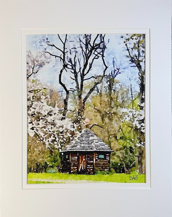 Log Hut Digital Watercolor Original Art Photograph 8 X 10 Mat 11 X 14 Signed