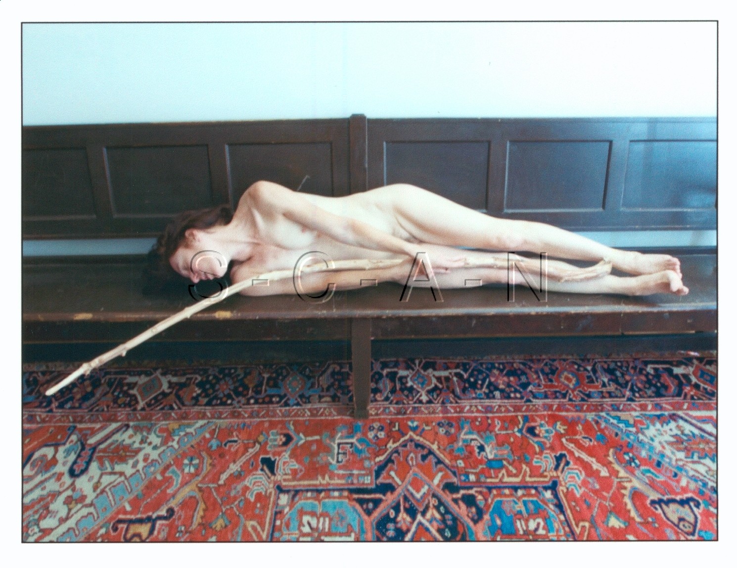 Vintage Art Color Photo- Long Legs- Skinny Woman- Large Stick- Church- Nude