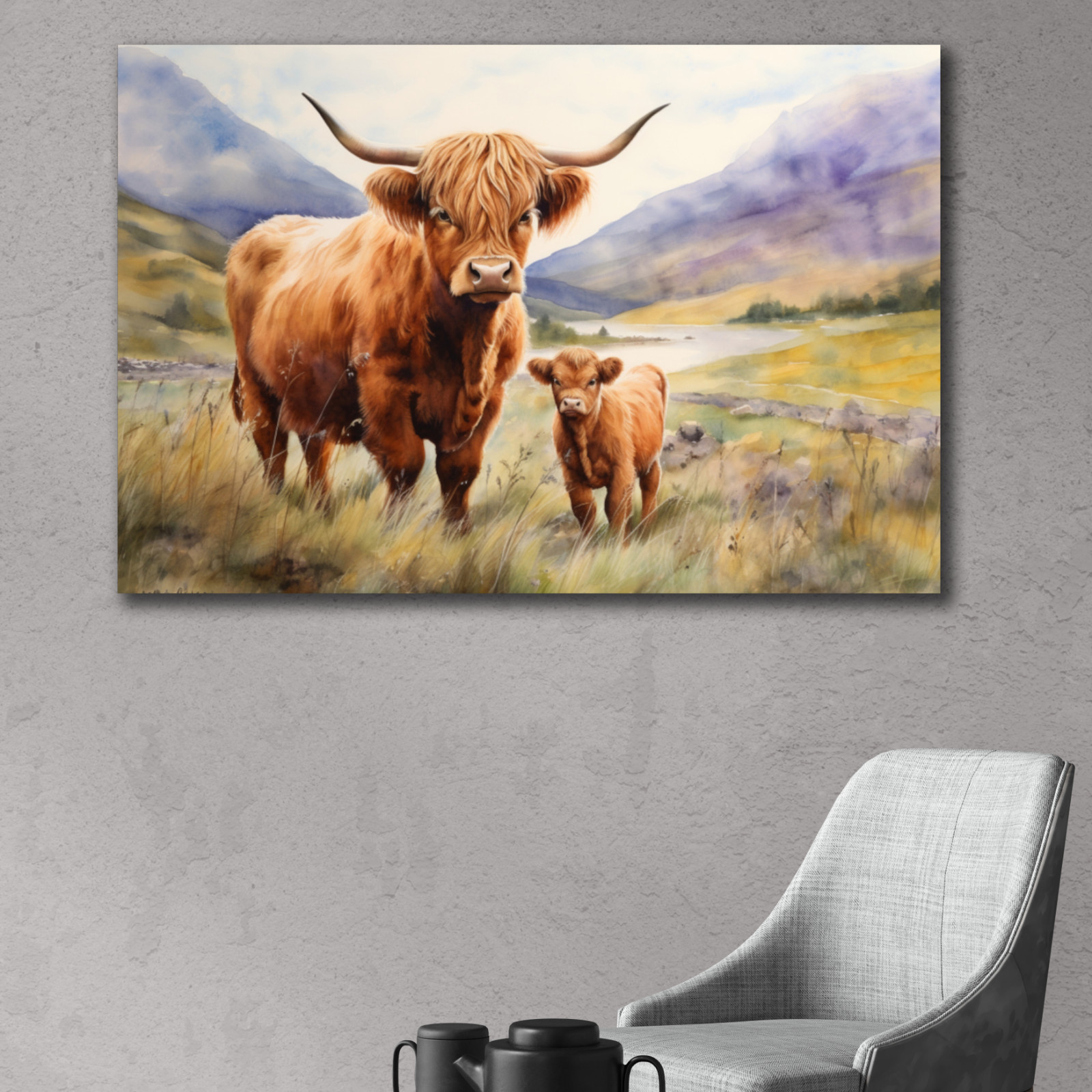Highland Cow Wall Art, Scottish Highland Cow Calf Print, Rustic Farmhouse Canvas