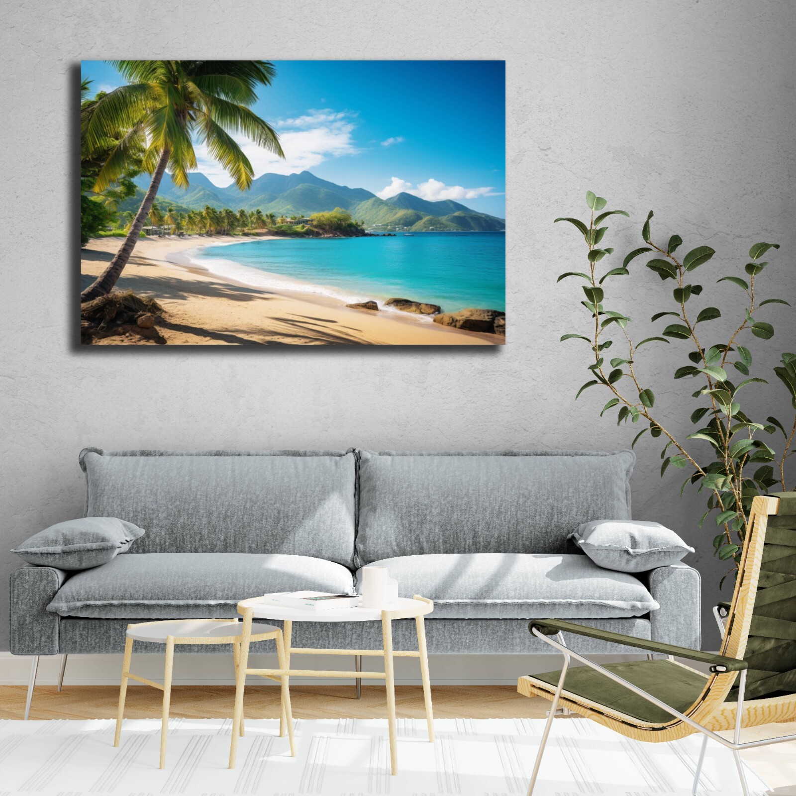 Tropical Beach Painting, Beach Paradise Art Palm Trees Mountain Landscape Island