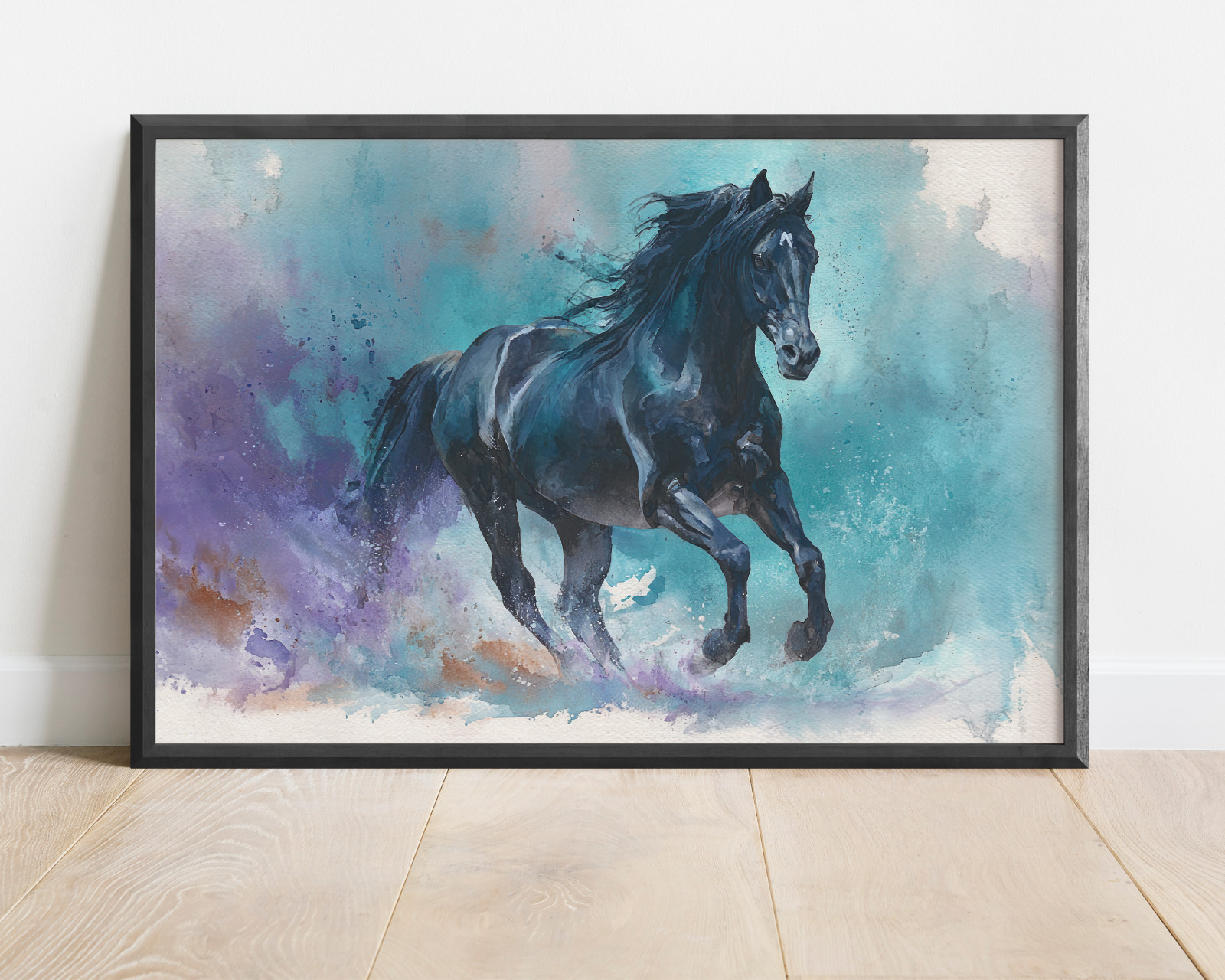 Black Horse Wall Art, Running Stallion Watercolor Painting, Colorful Equestrian