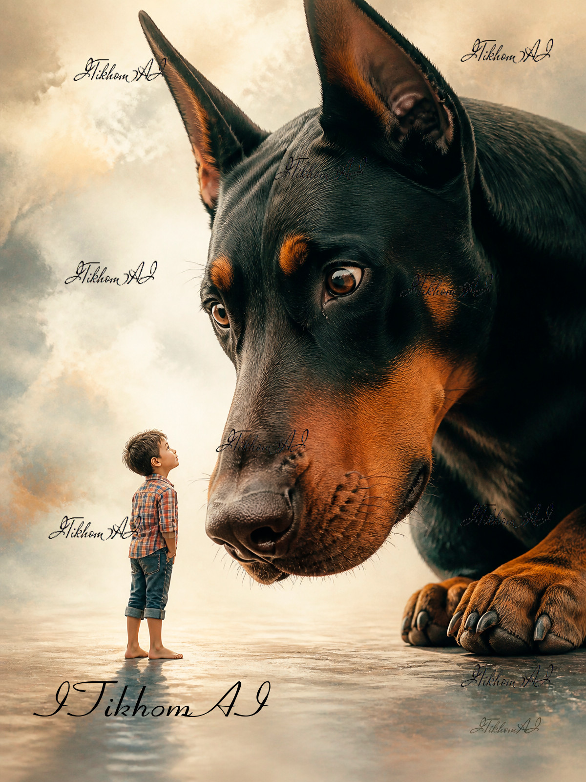 Digital Art Picture Portrait Littel Boy Animals Dog Doberman Wallpaper Desktop