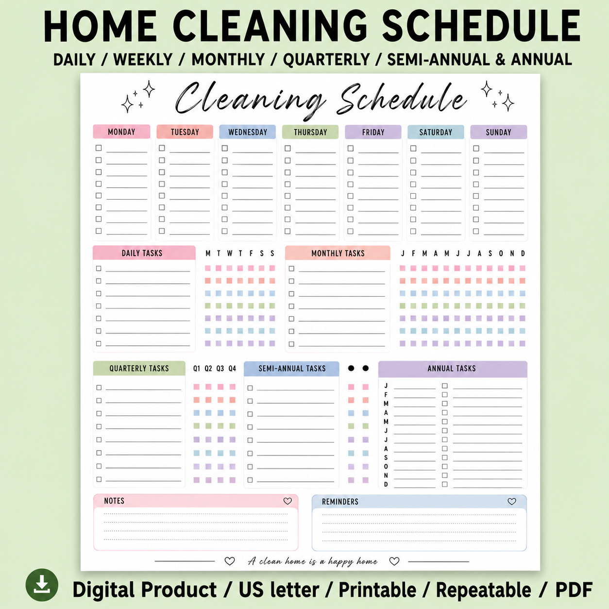 Digital | Editable Cleaning Schedule checklist, Home Cleaning Planner PDF