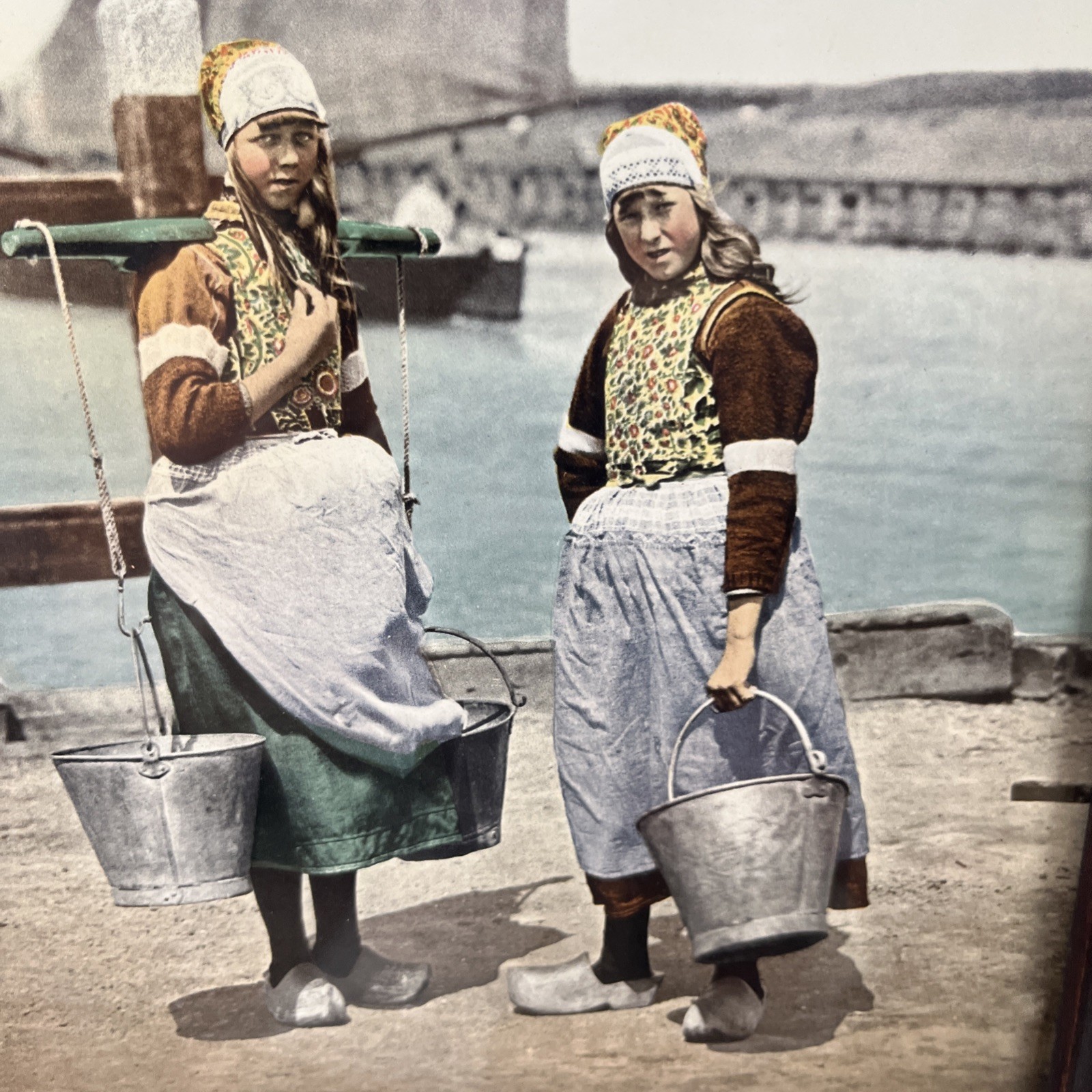 Antique Photochrom Girls Of Marken Island Holland Netherlands Heavy Wood Frame