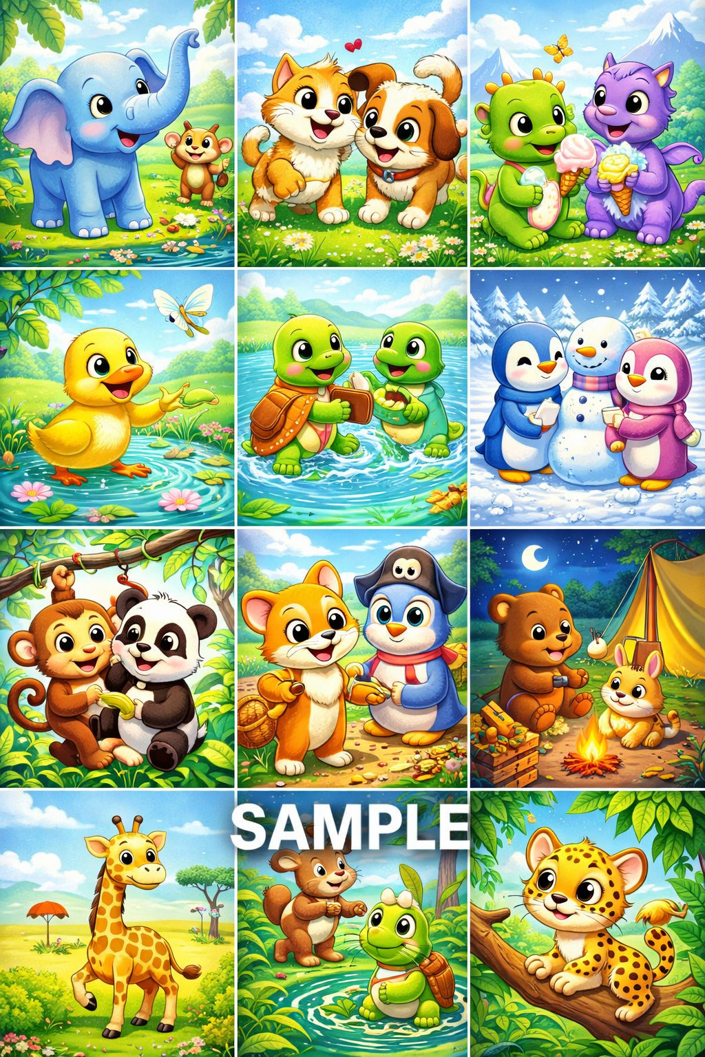 Cute Cartoon Animals | Kids Digital Art | Instant Download | Printable Image