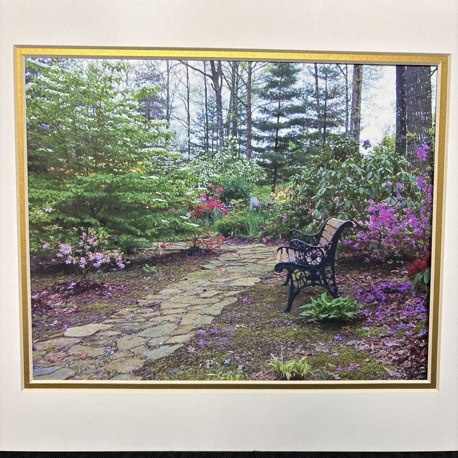 2003 Signed Vicki Hagan Photograph Garden Path Purple Flowers Bench No Frame