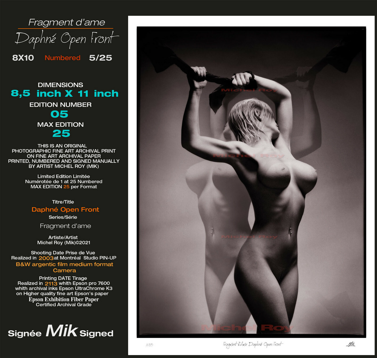 Fine Art Nude Photo “Daphné Open Front” 8×10 Sign Mik & Num 5/25 HOT Girl Model