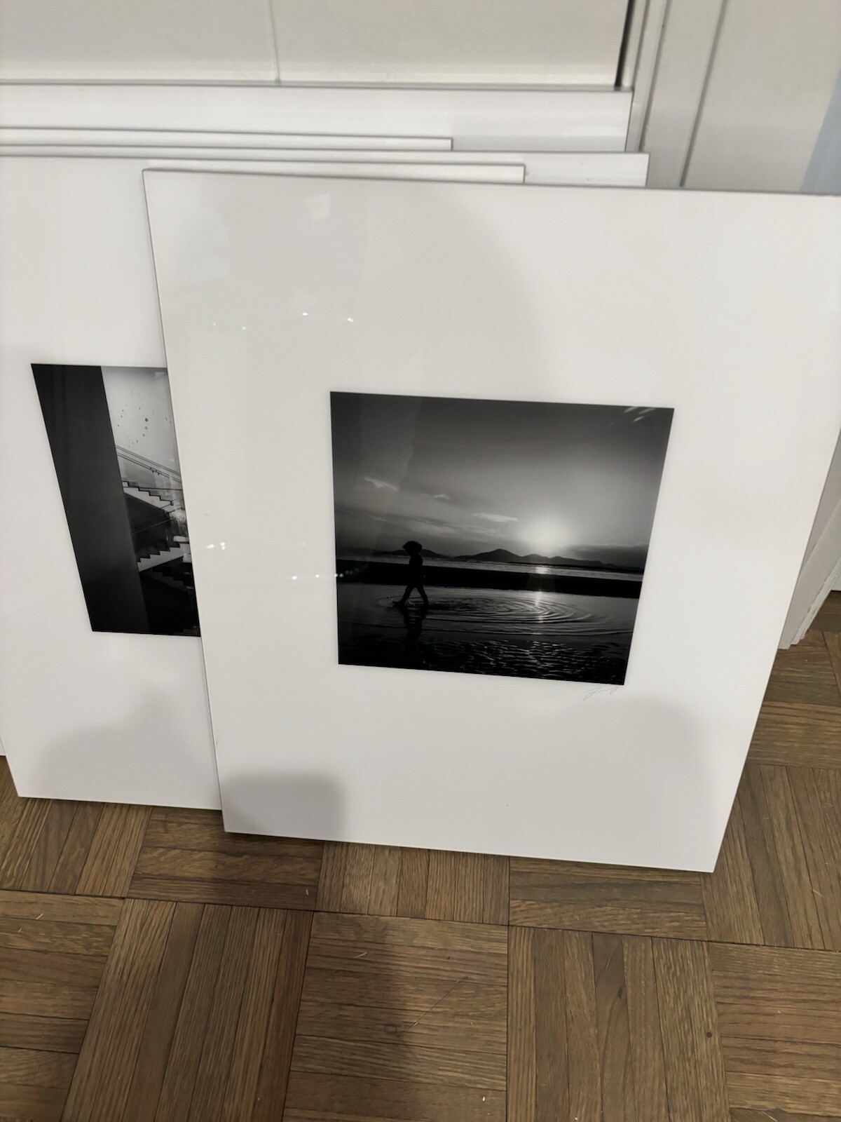 Set Of 2 Black & White, Signed, photography art, Thin Metal Frame, White Mat