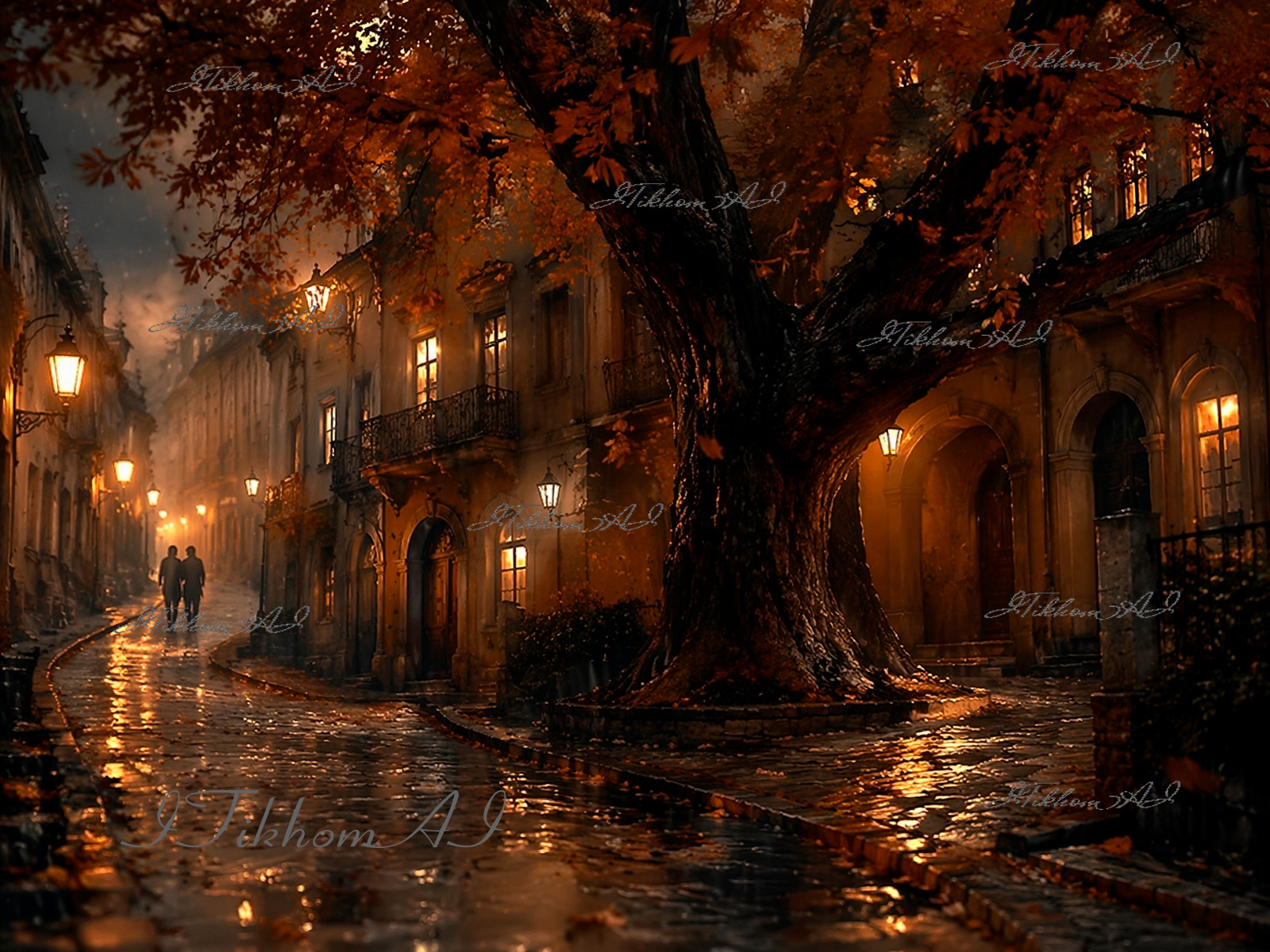 Digital Art Image Cityscape Houses Trees Night People Autumn Wallpaper Desktop
