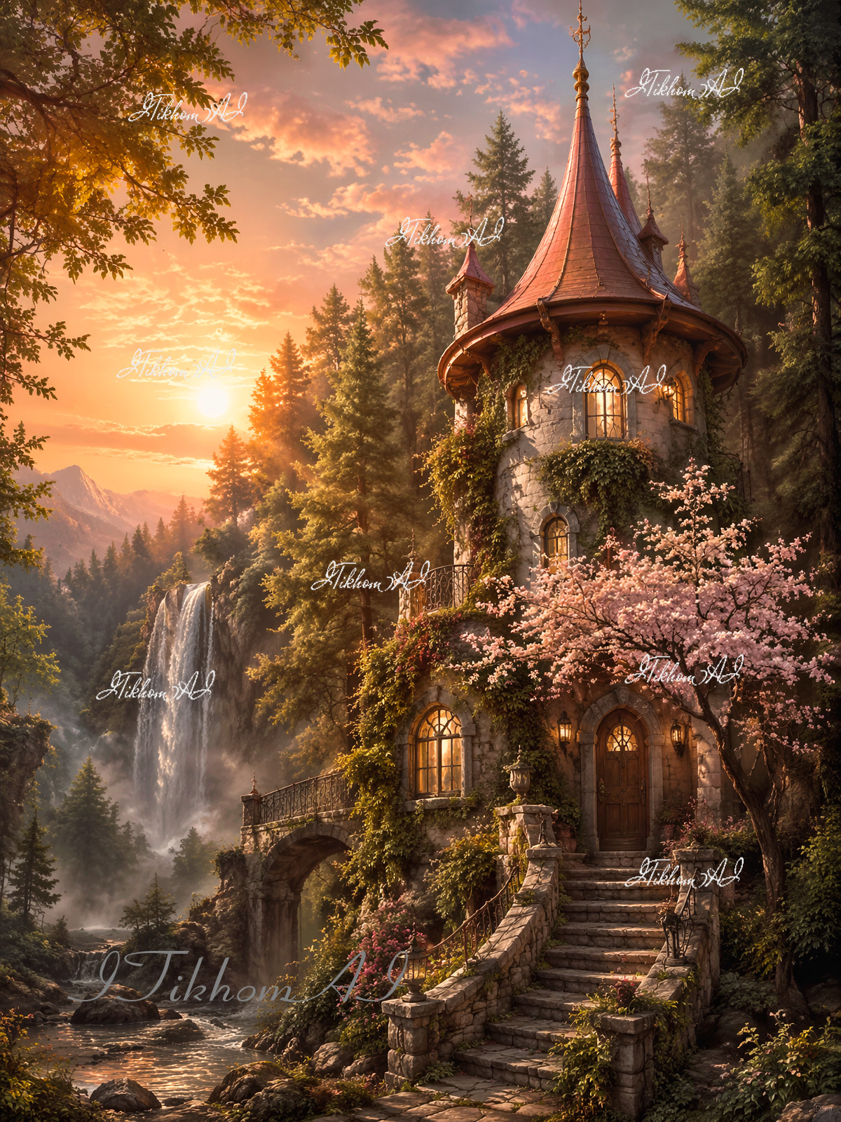 Digital Art Landscape House Trees Waterfoll Sunset Cherry Background Wallpaper