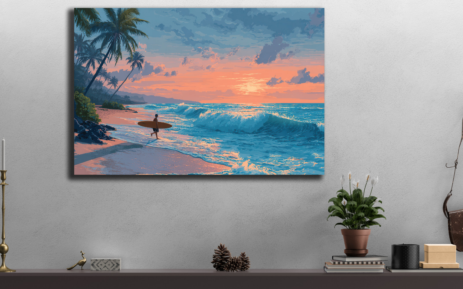 Tropical Surfer Beach Sunset Painting, Ocean Waves Canvas Print Coastal Seascape