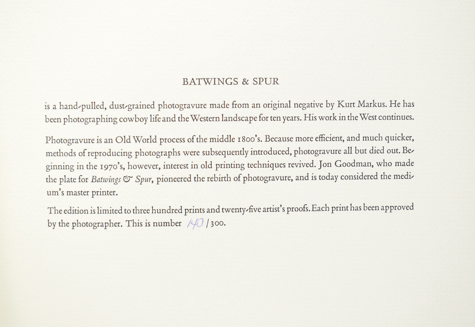 KURT MARKUS Batwings And Spur 1989 Photogravure Signed ltd 1/300