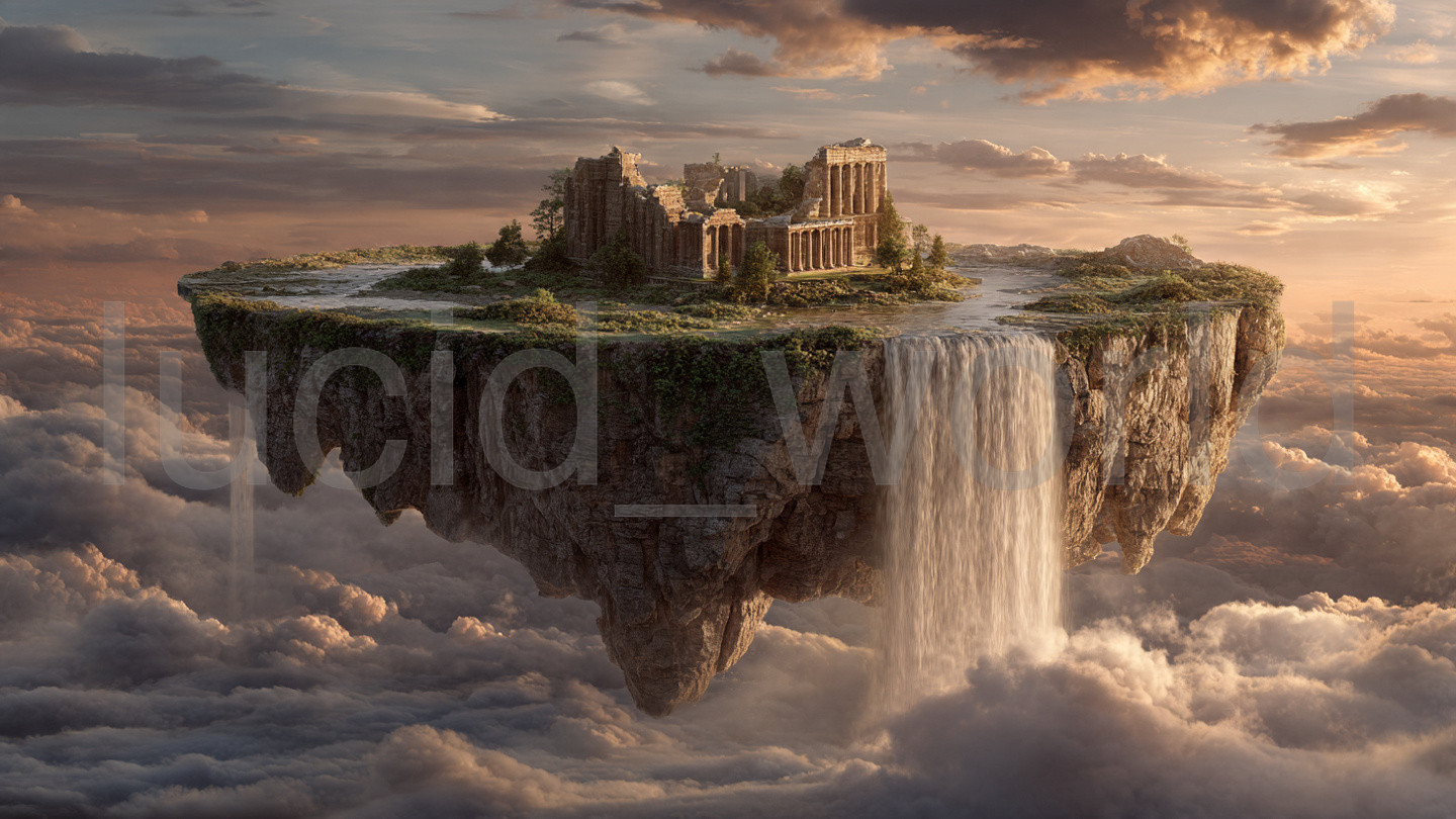 Fantasy Floating Island Waterfall Ancient Temple Ruin Digital Download Art Print
