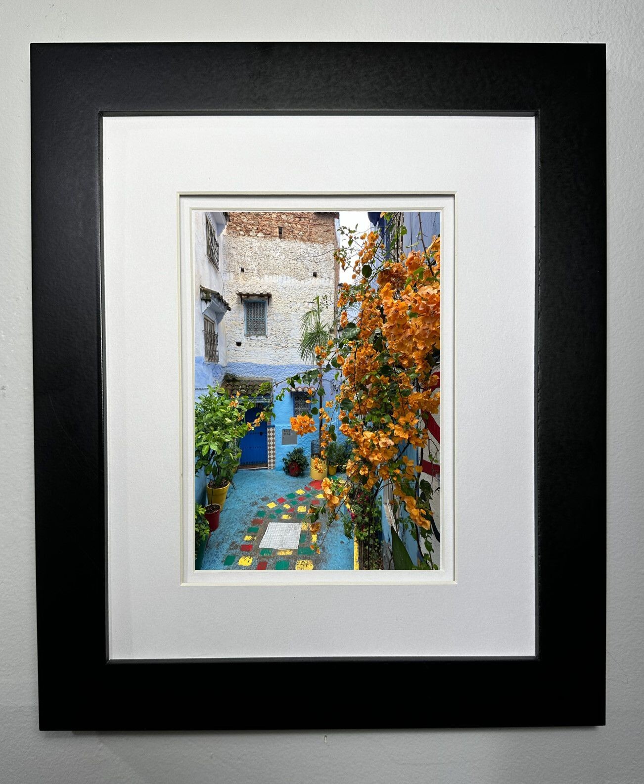 Beautiful Framed, Matted, Signed Photo of Chefchaouen Morocco-BougainvillaFlower