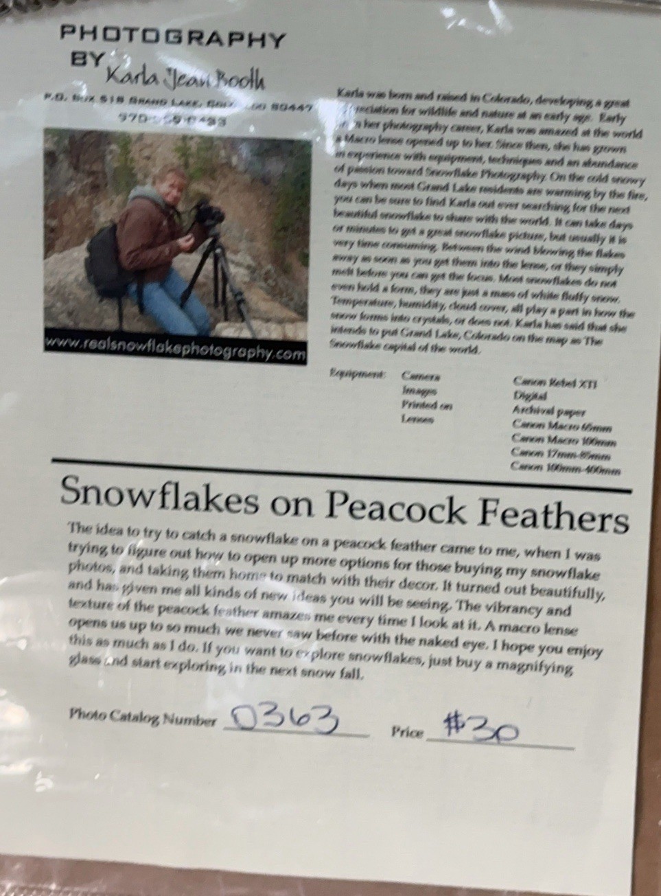 Karla Booth Macro Photography Snowflakes On Peacock Feathers Signed Art Snow COA