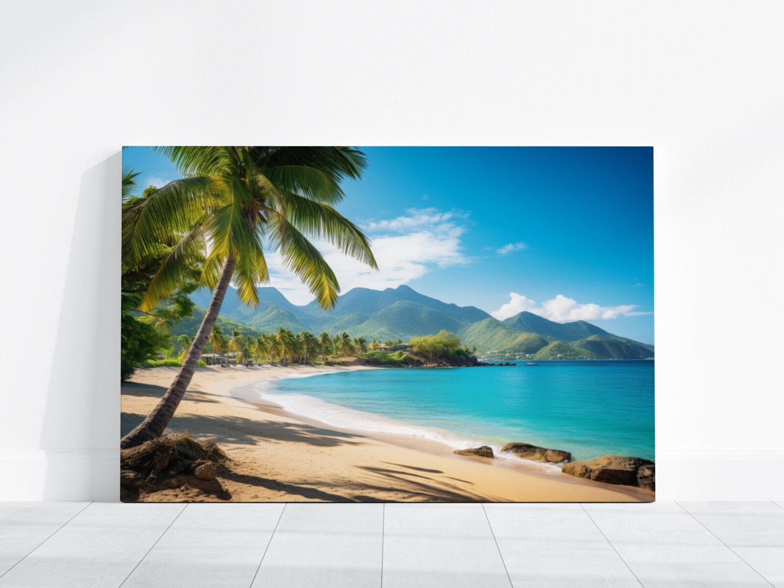 Tropical Beach Painting, Beach Paradise Art Palm Trees Mountain Landscape Island