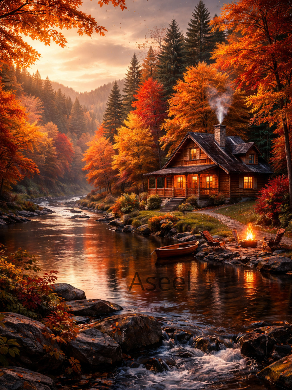 AI Autumn Cabin River Digital Download JPG Printable Wall Art Cozy Fall Landscap
