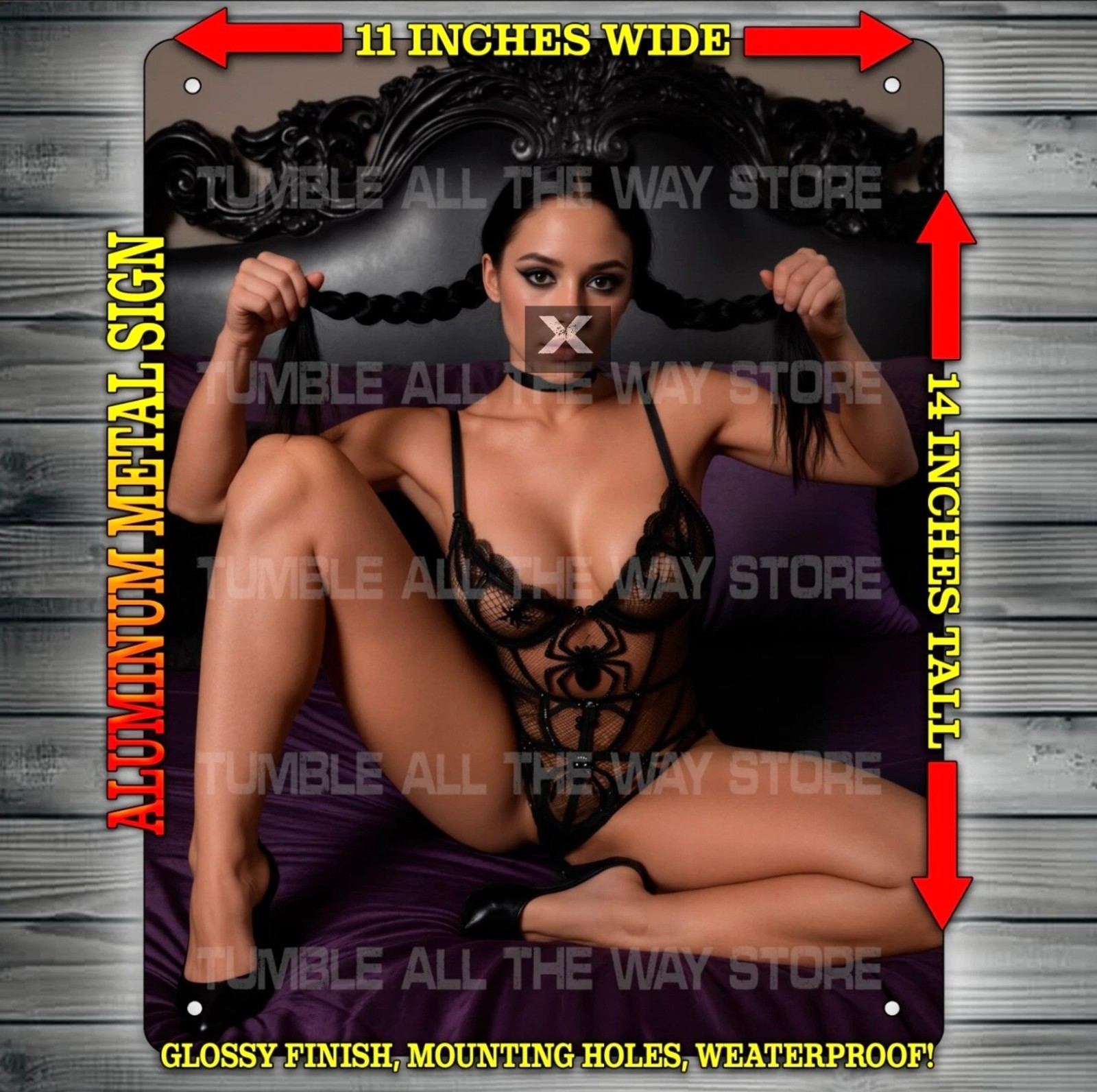 Sexy Wednesday Cosplay Spider Lingerie on Bed Metal Sign Wall Art 14″ x 11″