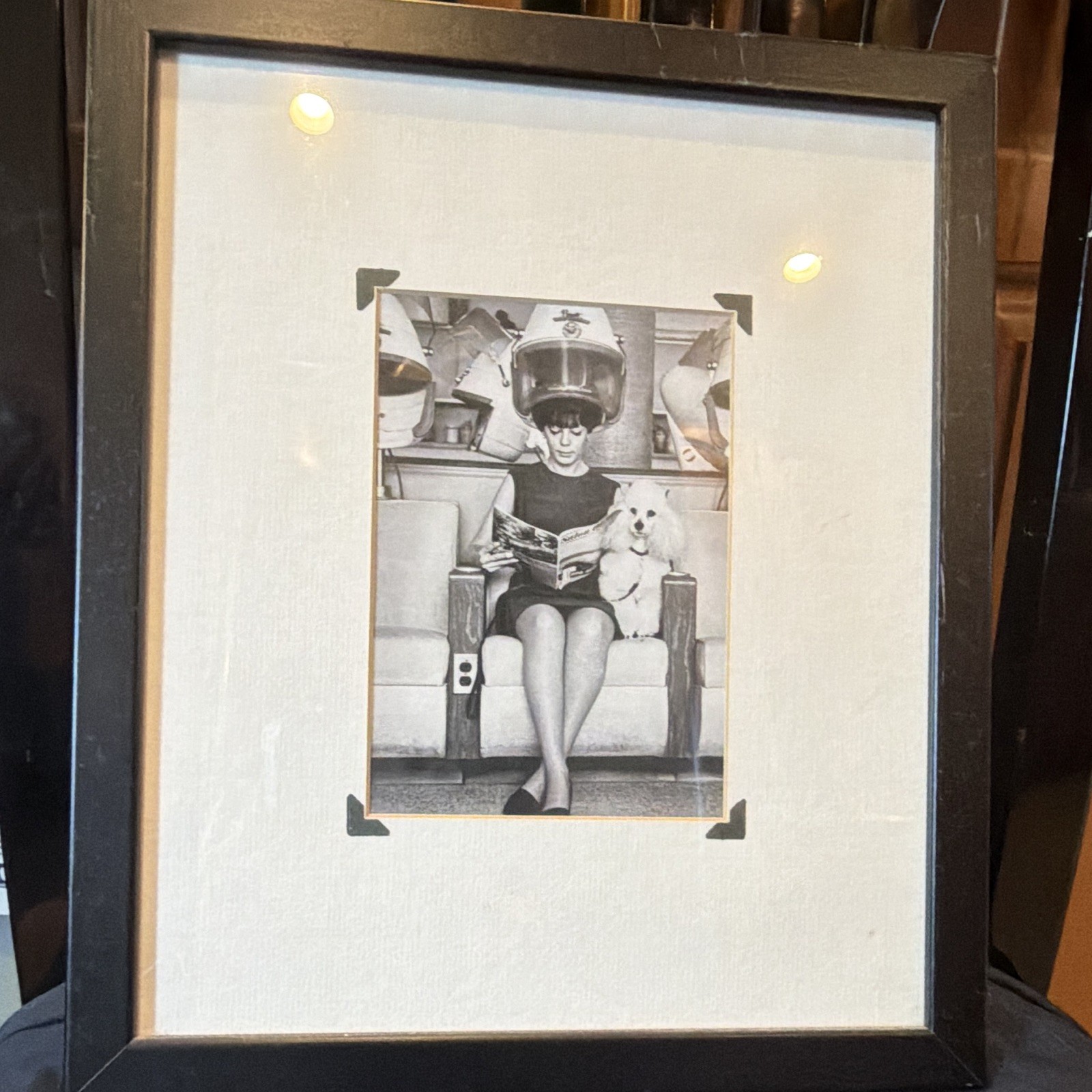 Vintage Black & White Photograph Woman Under Hair Dryer w/ Dog, Framed Matted