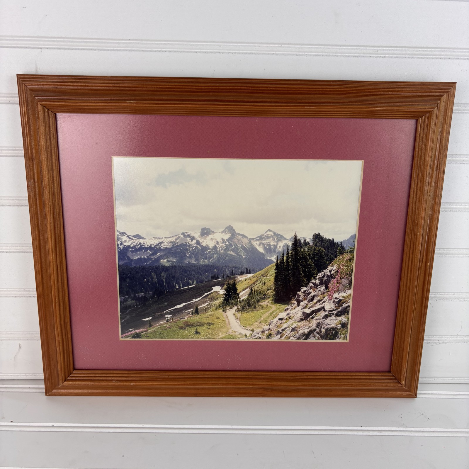 Vintage Framed Landscape Photo Snowy Mountains Forest Hiking Trail Matted Art