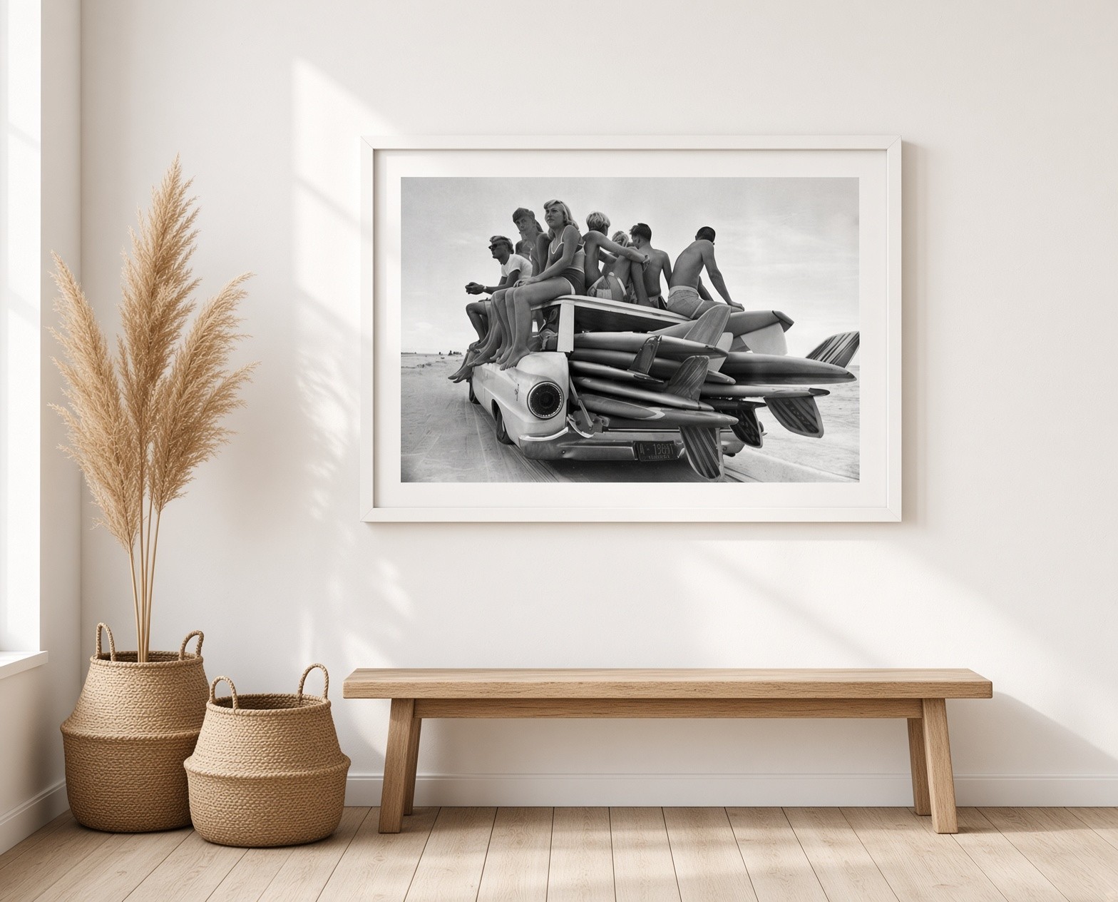 1960s Vintage Black & White Surf Photography Print – Surfers Classic Car Beach