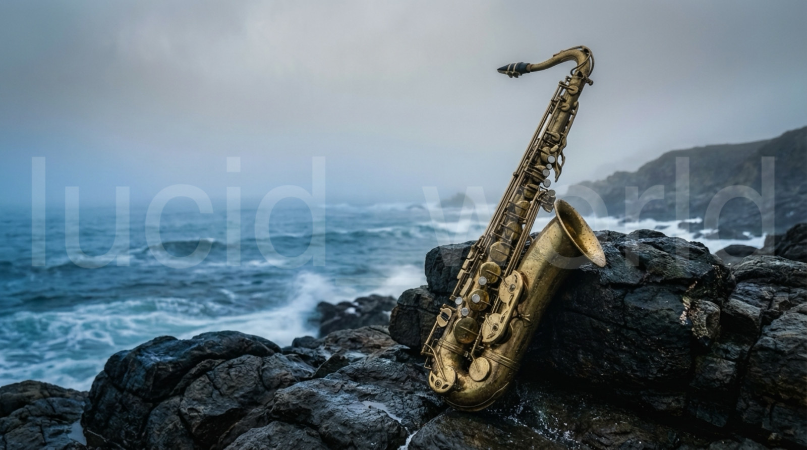 Saxophone Stormy Rocky Coast Digital Download Printable Wall Art Moody Music Art