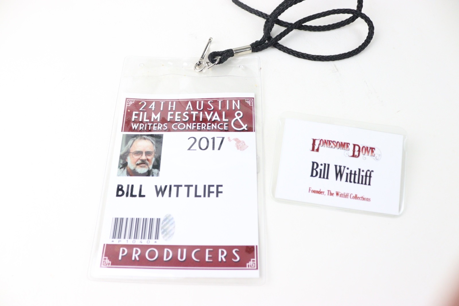 Bill Wittliff signed 1983 South Padre photo & 2017 Austin Film festival badges