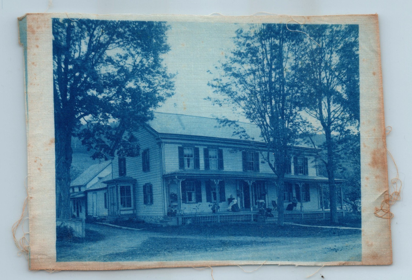 Cyanotype on Fabric Photograph Large House with Women Sitting on Porch Rocking
