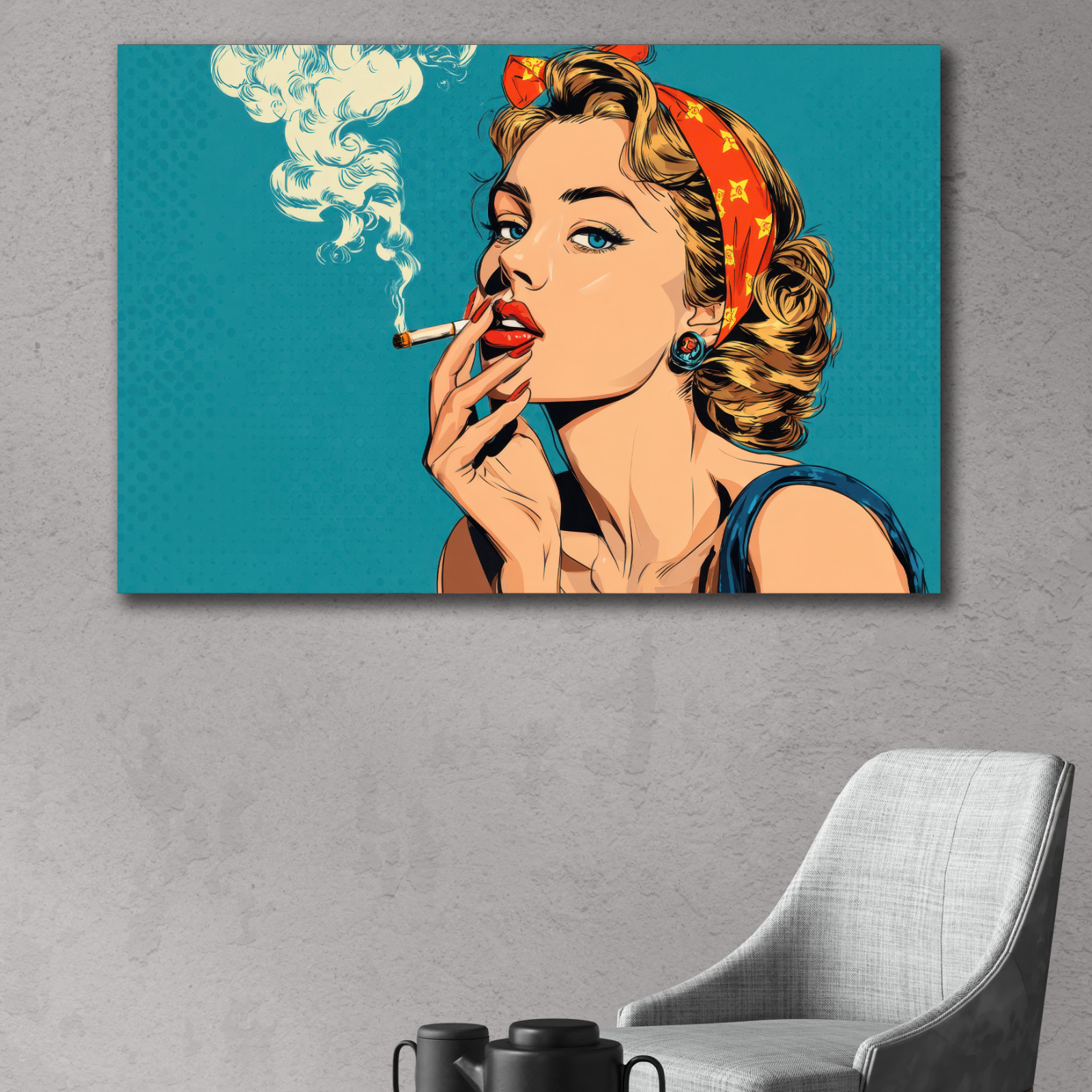 Retro Pop Art Woman Smoking, Vintage Comic Print, Stylish Red Lipstick Painting