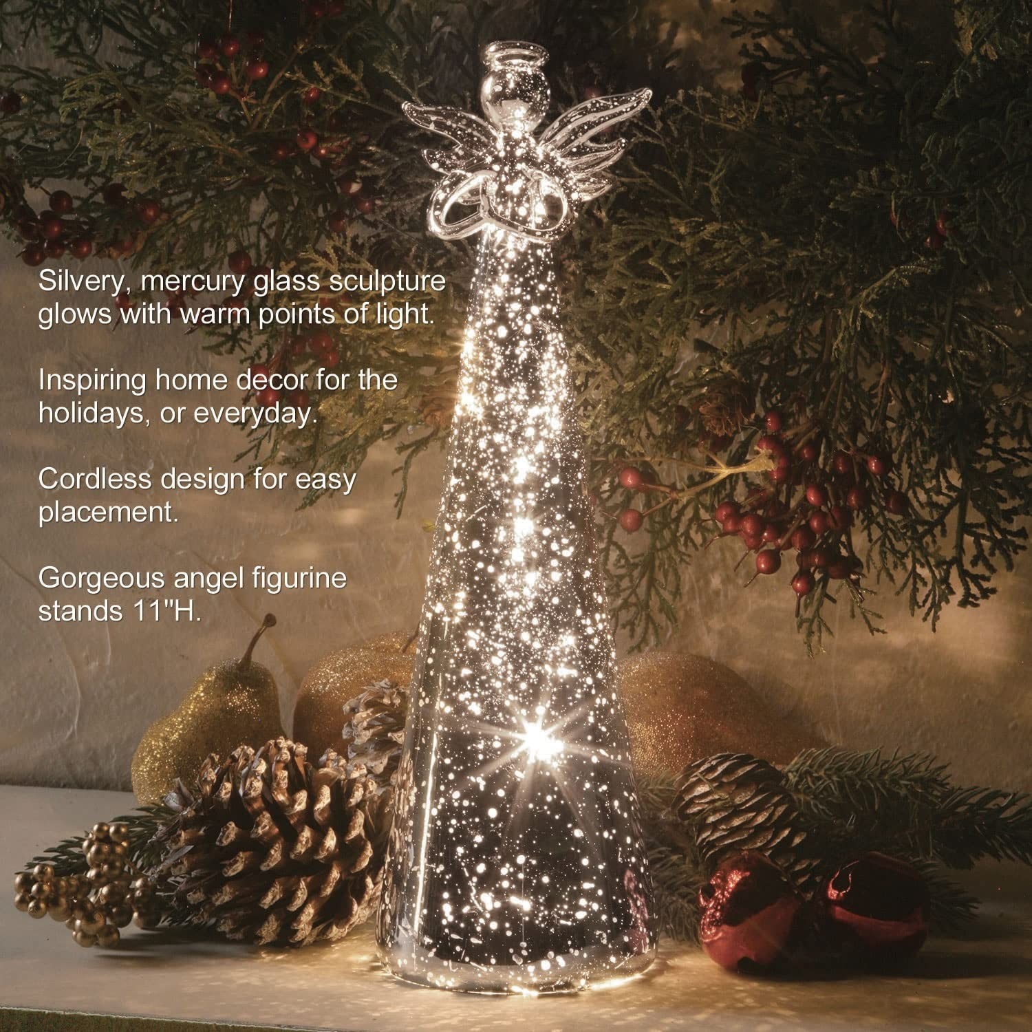 ART & ARTIFACT Lighted Angel Statue – LED Light Mercury Glass Finish Angel St…