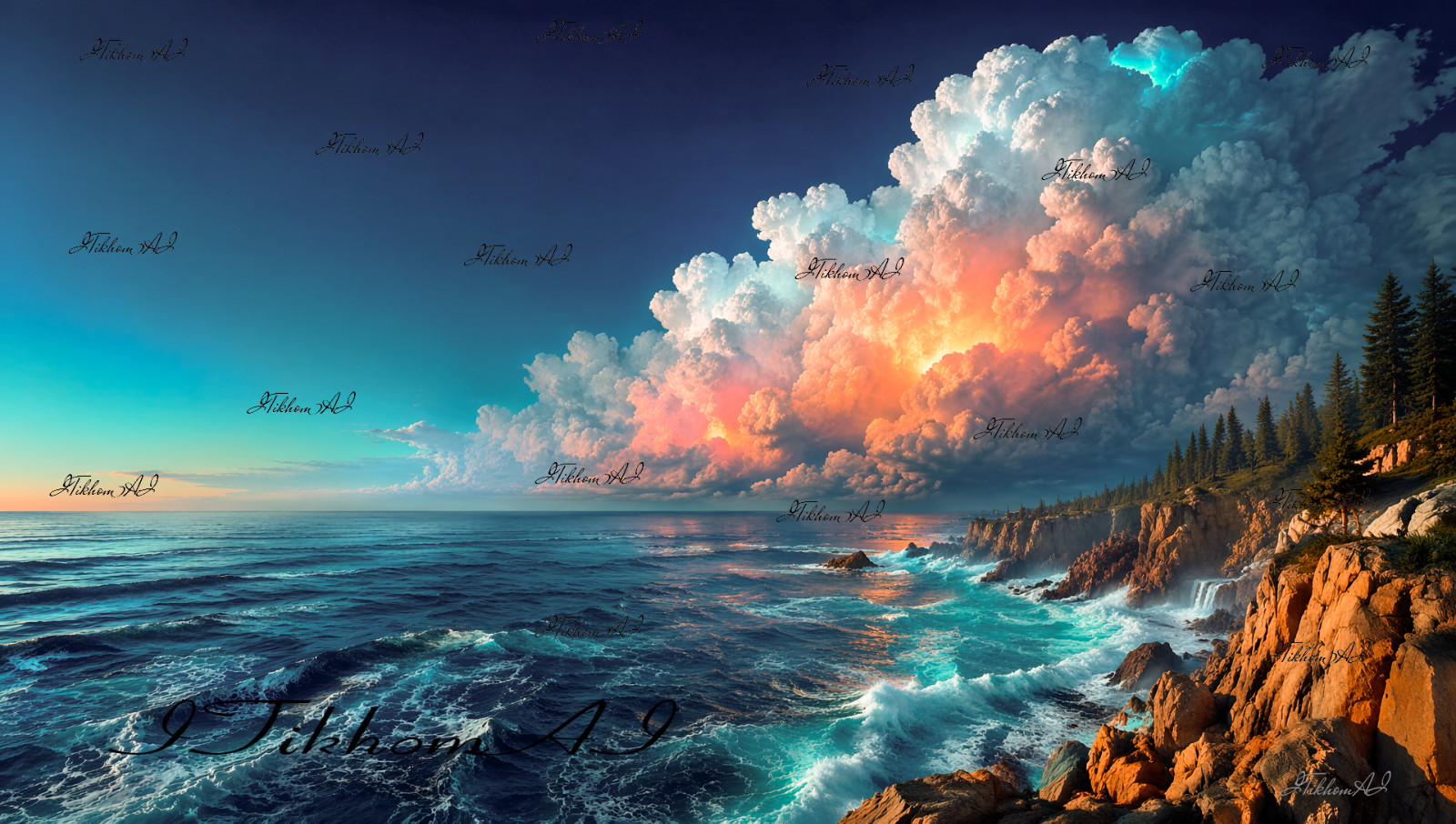 Digital Art Picture Seascape Clouds Sea Rocks Trees Storm Background Wallpaper