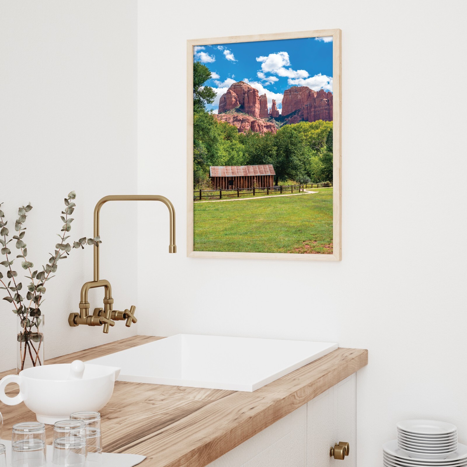 Cathedral Rock, Sedona Arizona Landscape Photo, Water Wheel and Barn, AZ Print