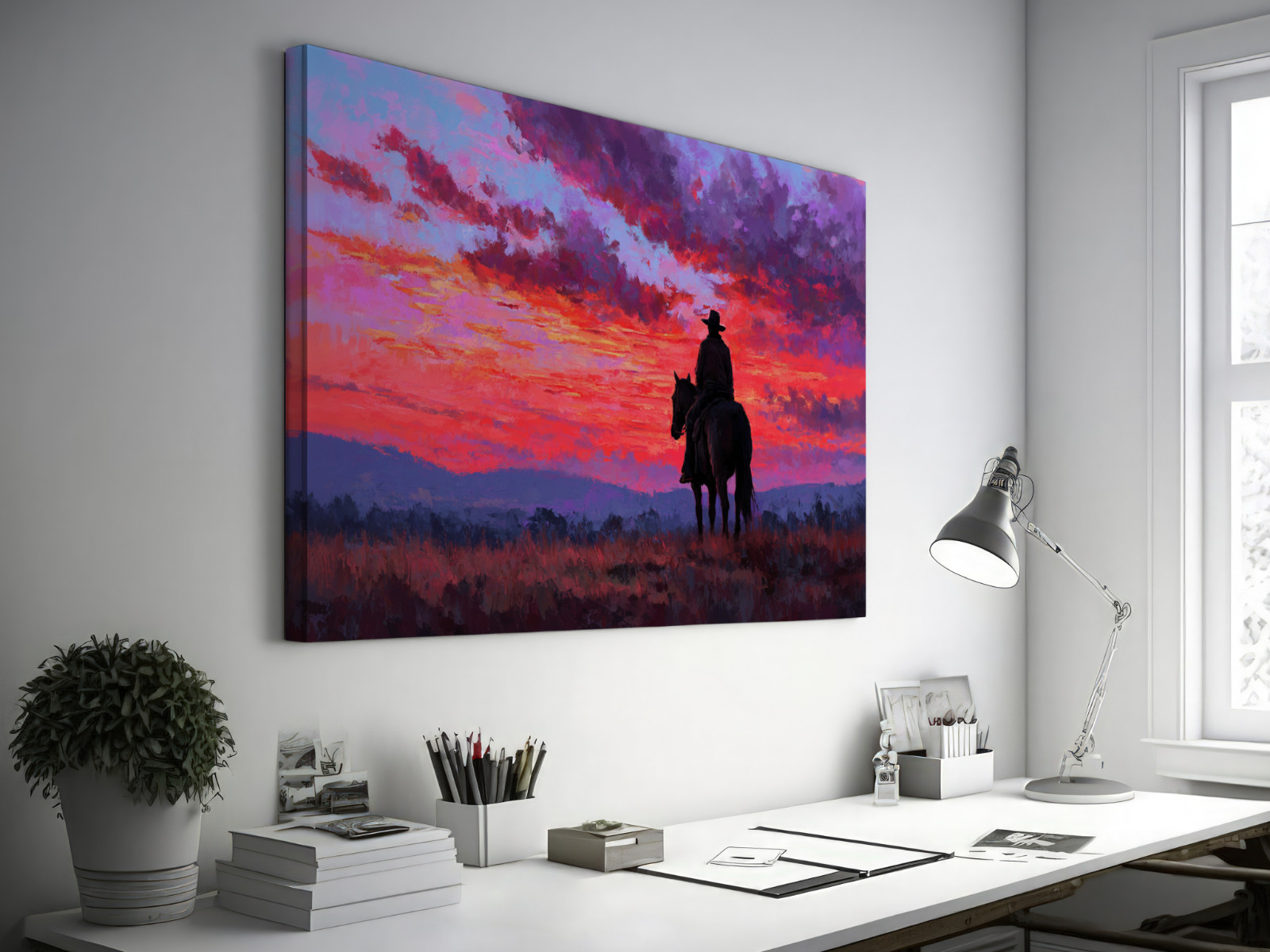 Cowboy on Horseback Sunset Art, Western Ranch Painting, Rustic Country Canvas