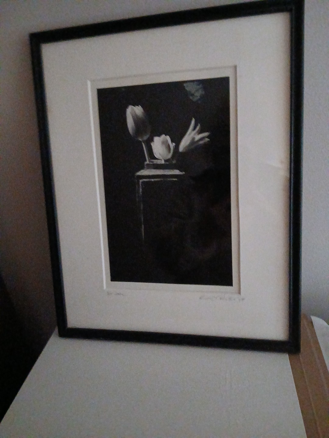 Framed Signed Dated PHOTOGRAPH Black & White Flowers/Vase 1989-14.75″H X 12″L