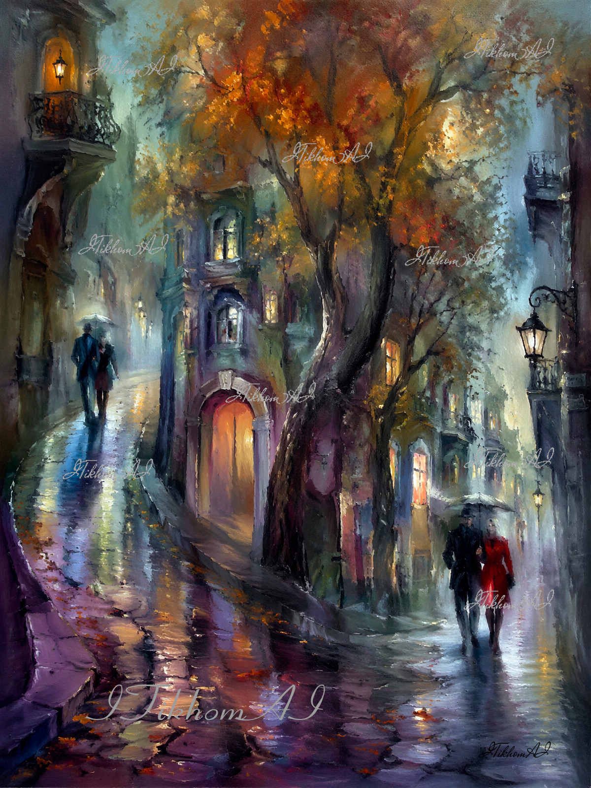 Digital Art Painting Cityscape Houses Trees People Backgraund Wallpaper Desktop