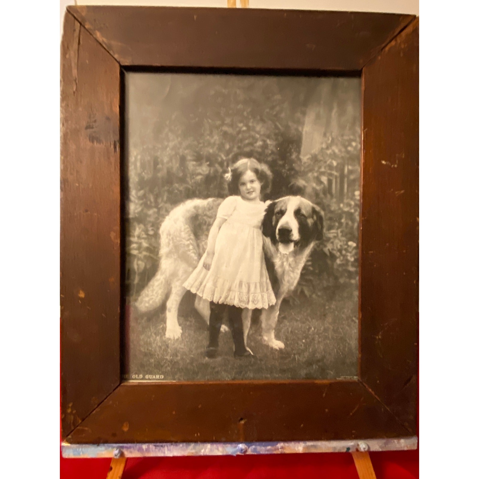 Antique b/w photo late 1800s Girl & Dog “The Old Guard” heavy old wood frame EVC