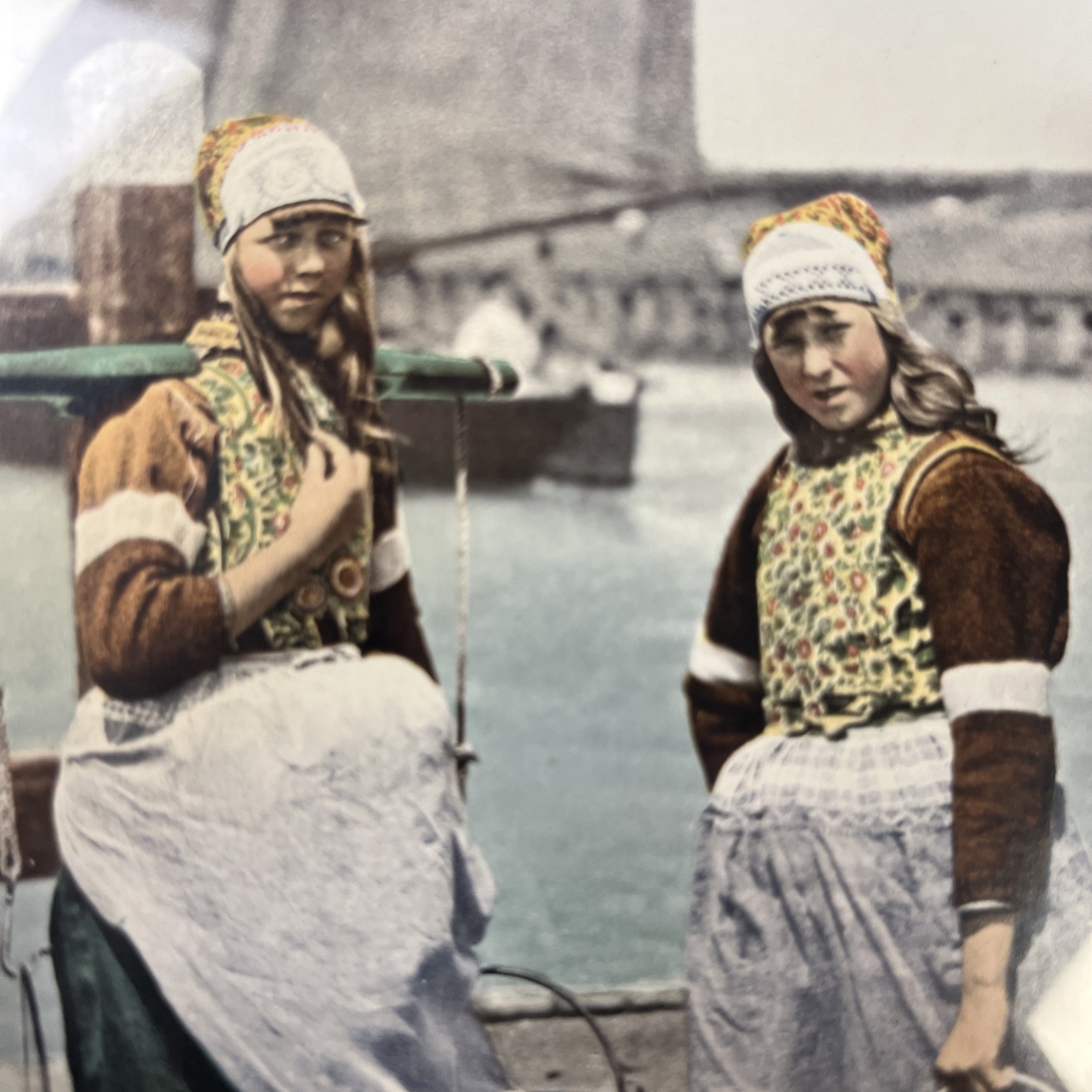 Antique Photochrom Girls Of Marken Island Holland Netherlands Heavy Wood Frame