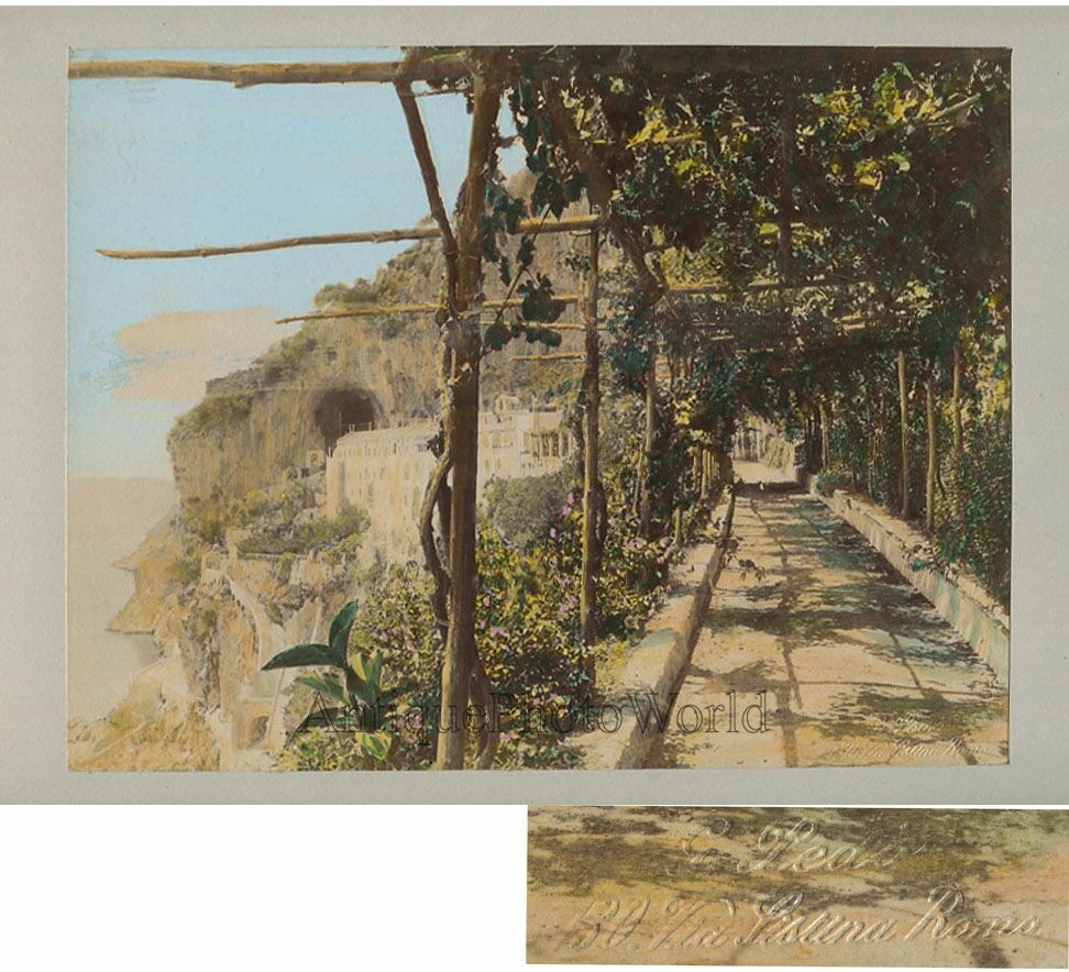 Amalfi Italy Contorni di Napoli coast view antique hand painted albumen photo