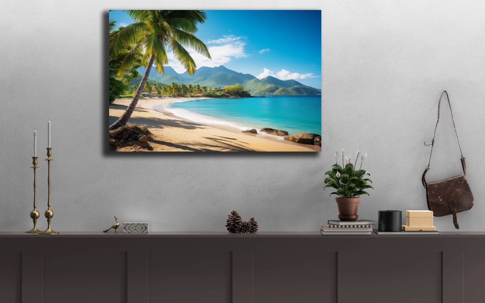 Tropical Beach Painting, Beach Paradise Art Palm Trees Mountain Landscape Island