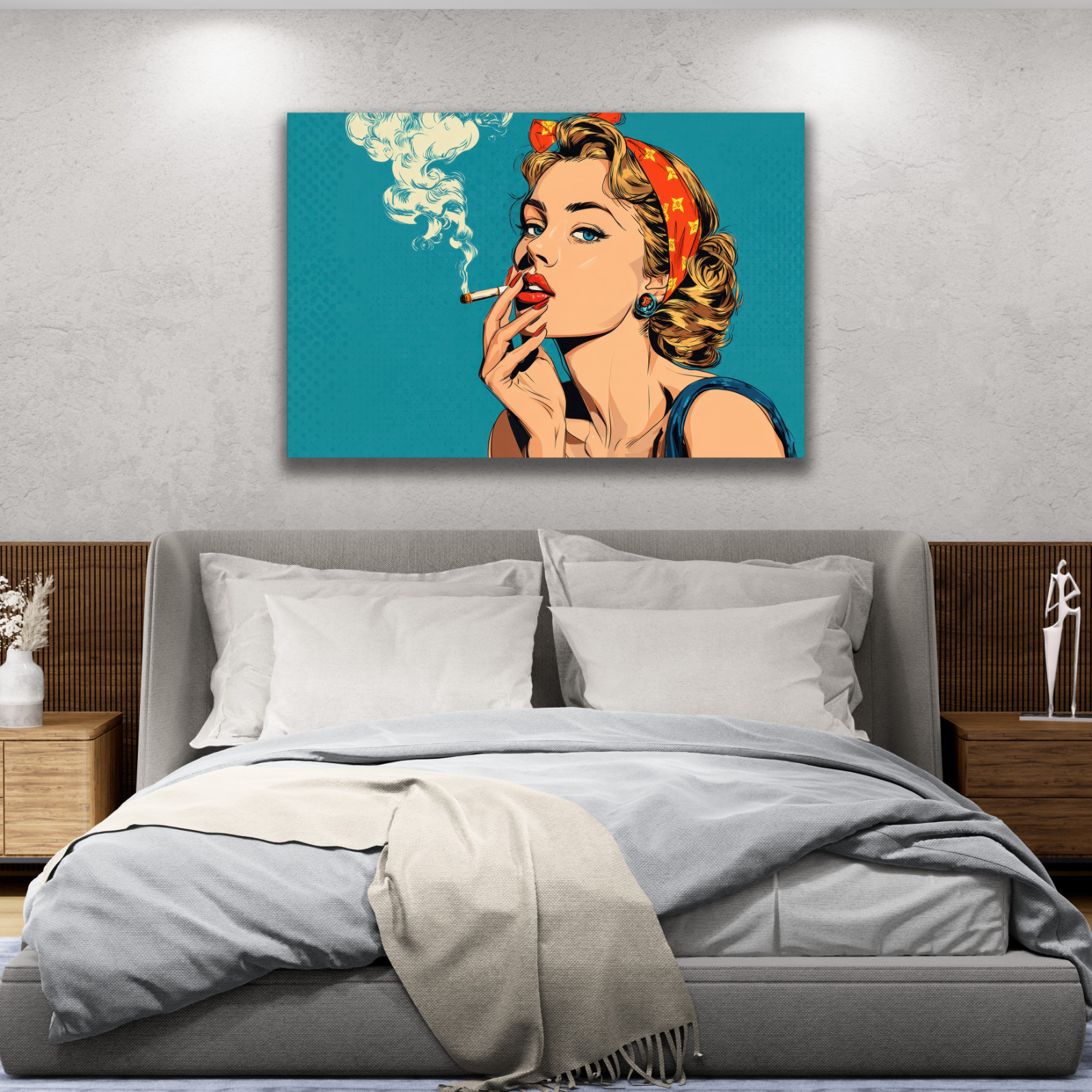 Retro Pop Art Woman Smoking, Vintage Comic Print, Stylish Red Lipstick Painting