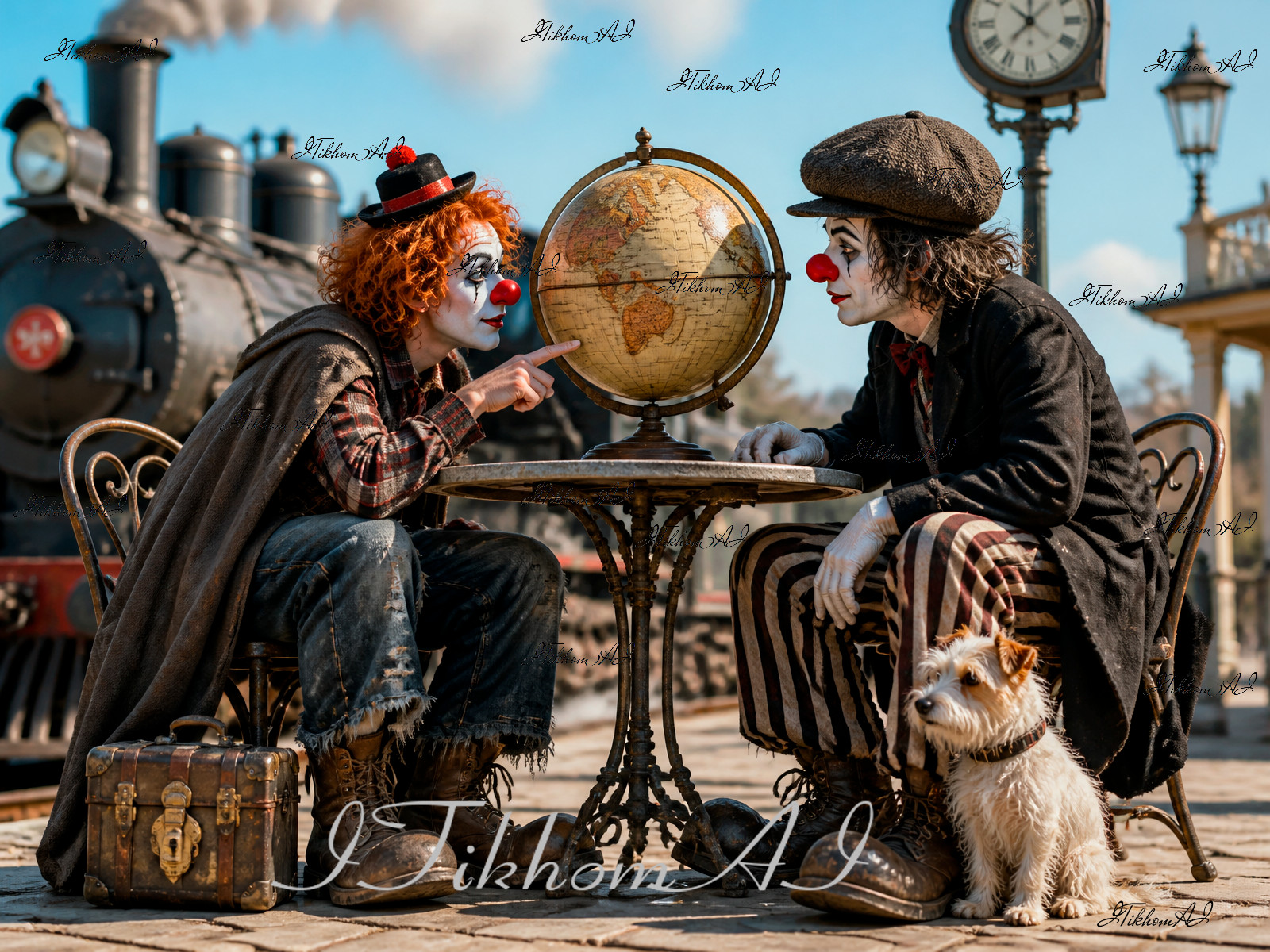 Digital Art Portrait Men Clowns Dog Steam Station Train Globe Wallpaper Desktop
