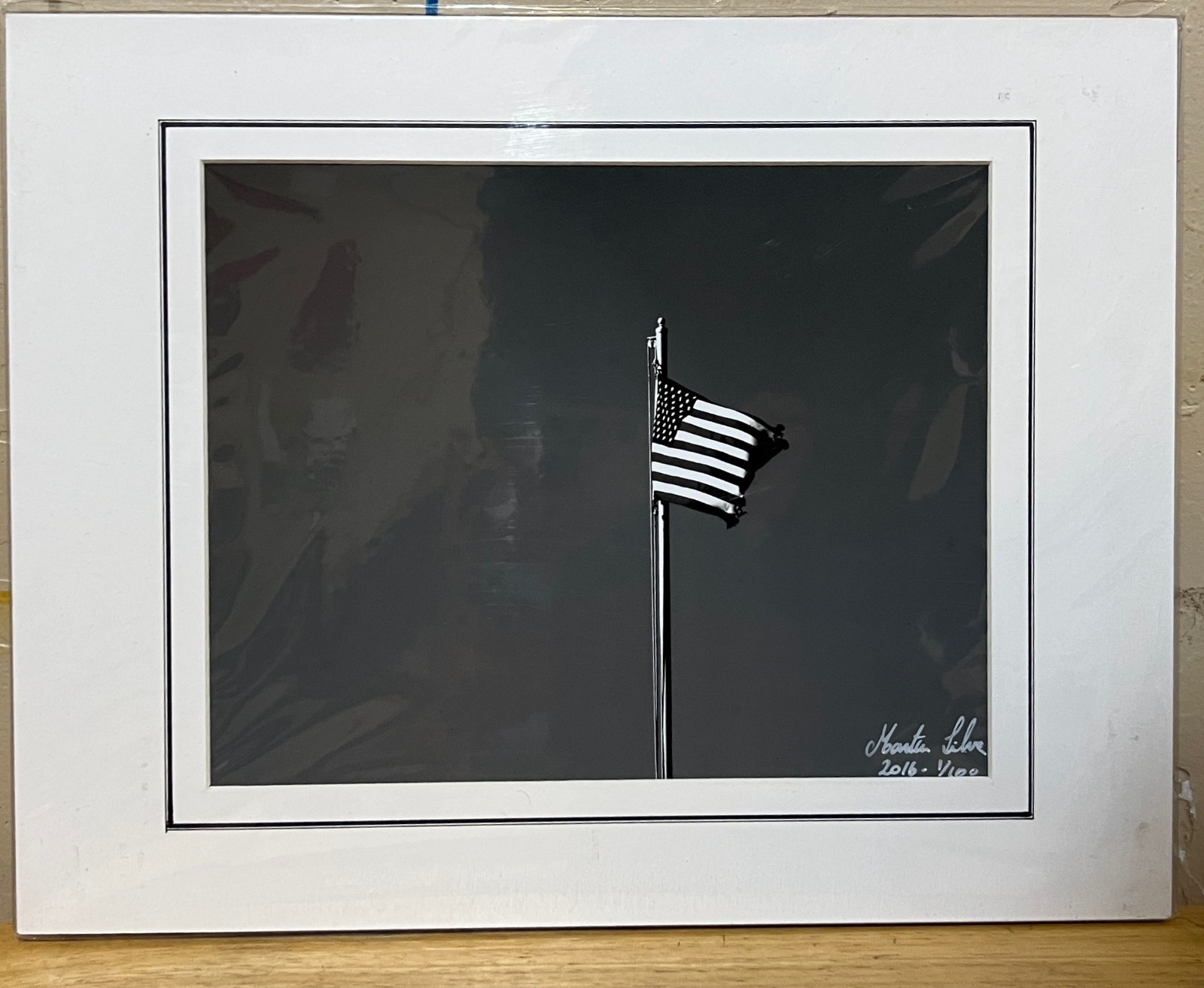 American Flag black & white photograph signed matted 11 x 14 inch