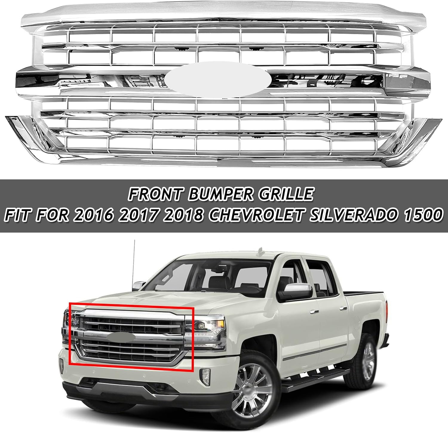 For 2016 2017 2018 Chevy Silverado 1500 Front Bumper Upper Grille, Chrome | Dire